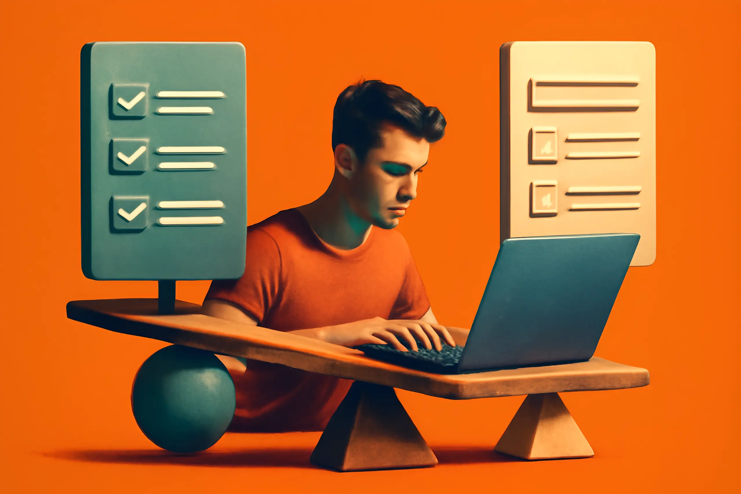 Young man using laptop for tasks.