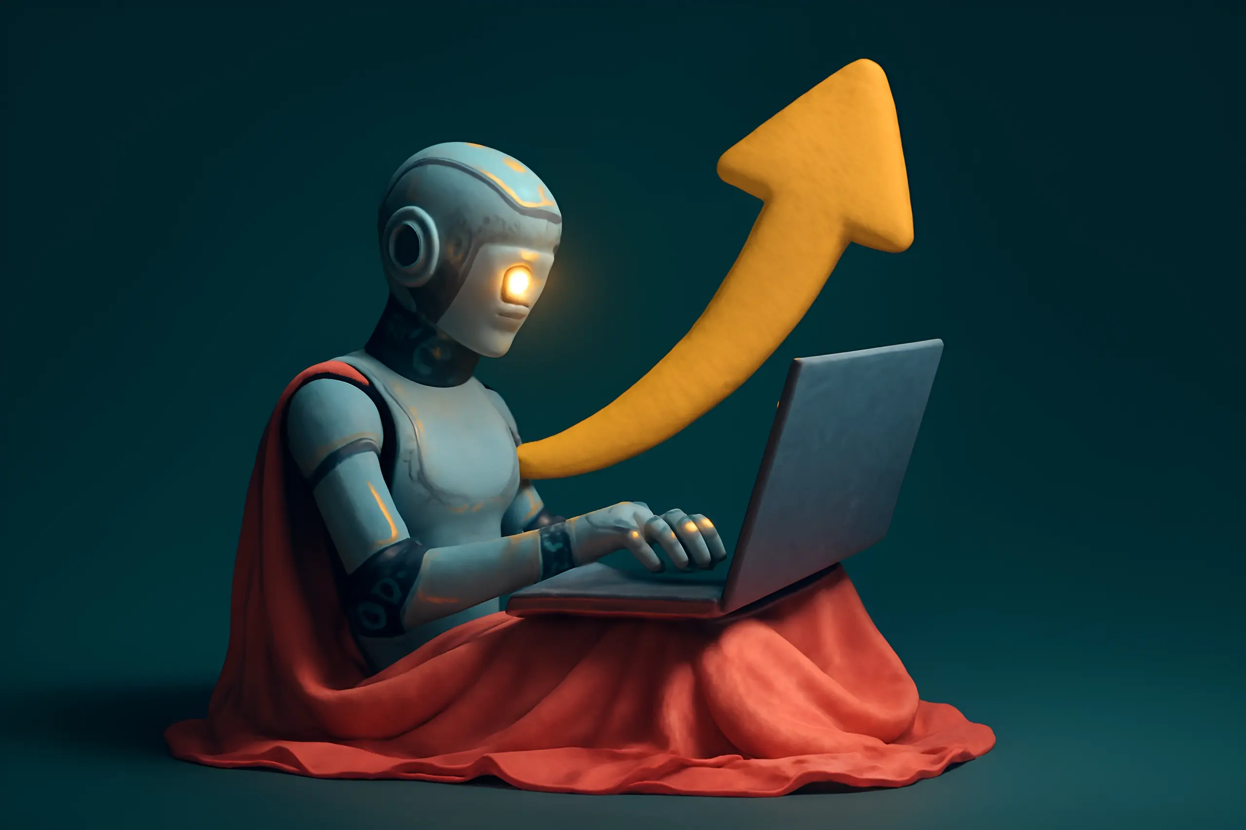 Robot typing laptop growth arrow