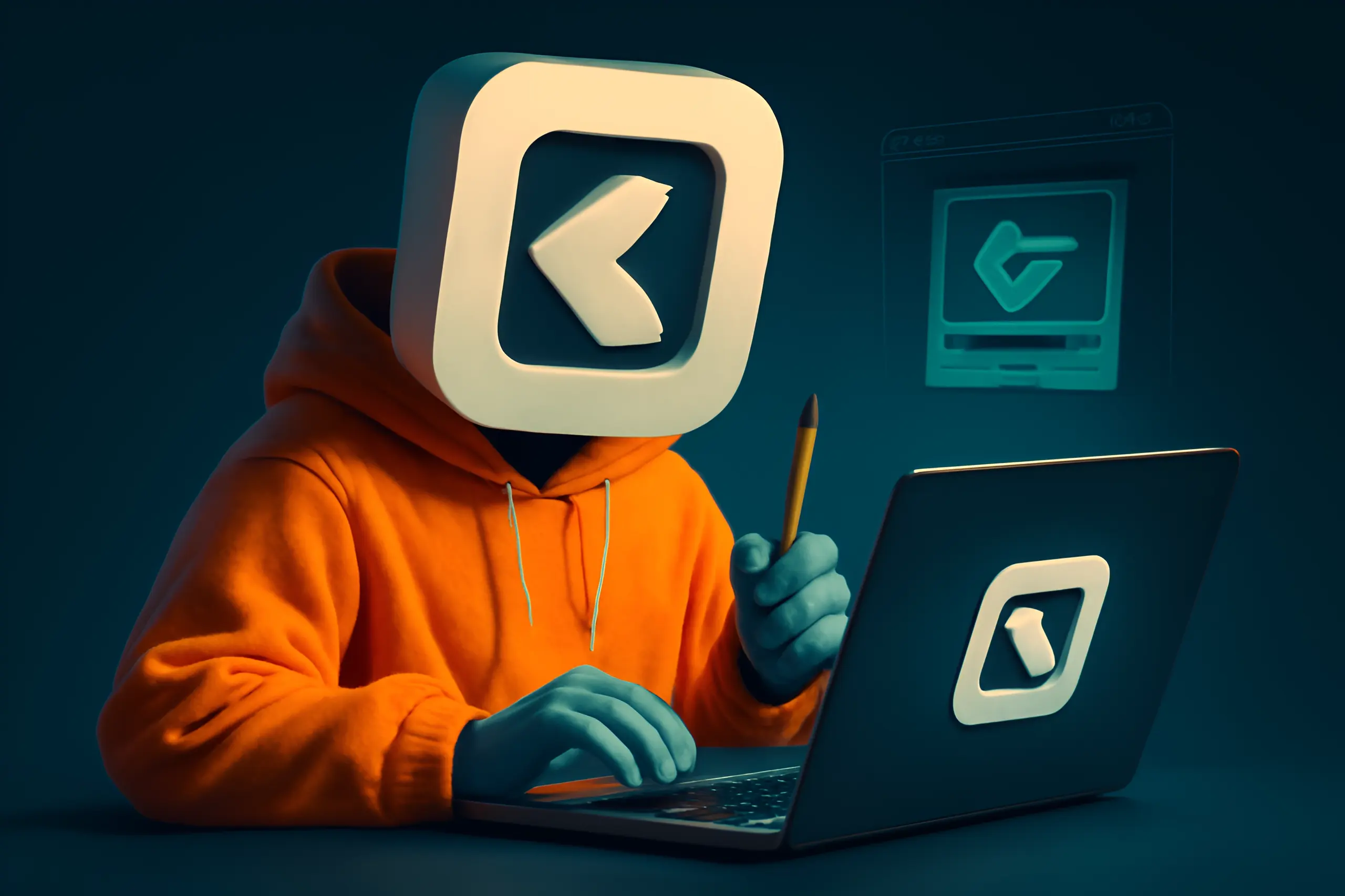 Personne arborant un logo sur la tête et utilisant un ordinateur portable