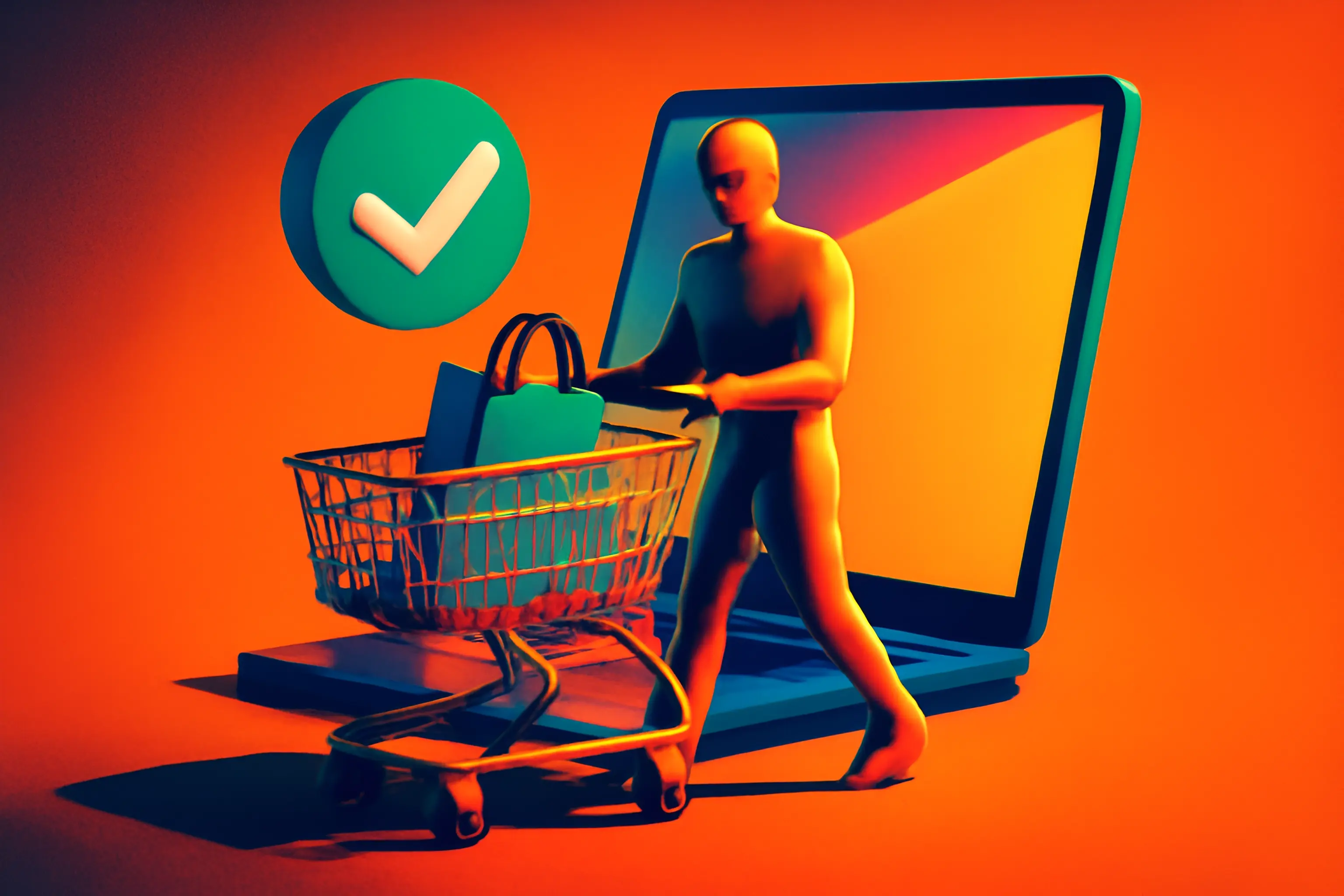 Illustration eines Einkaufswagens neben einem Laptop