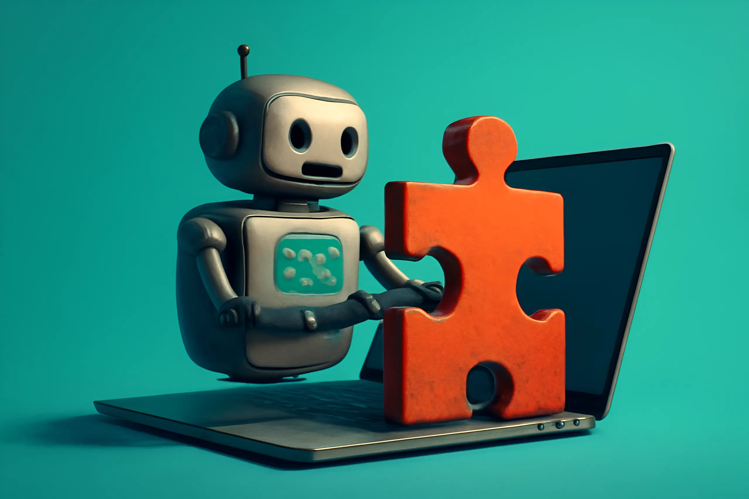 Robot en puzzelstuk op een laptop.