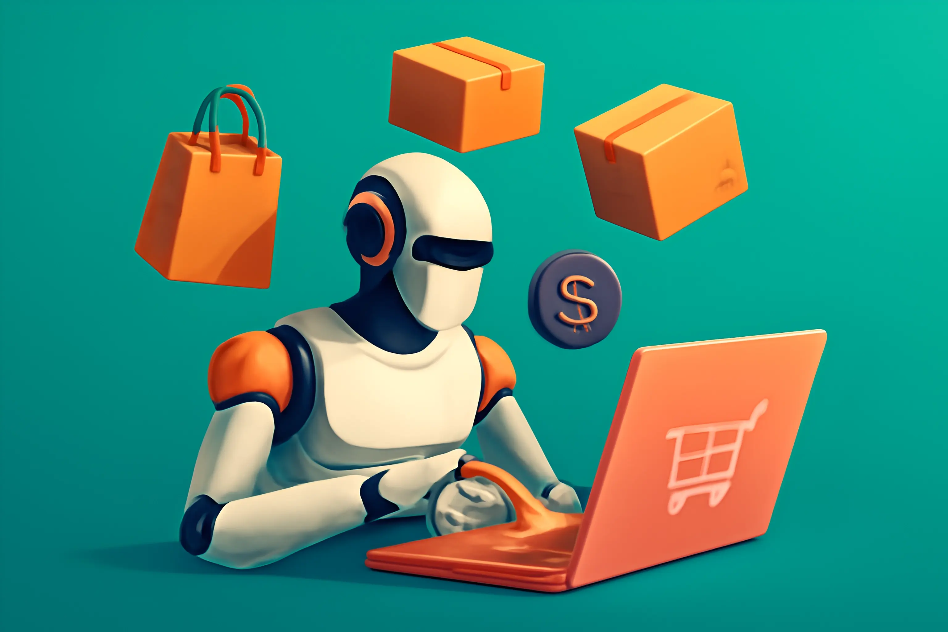 Robot die op een laptop online winkelt