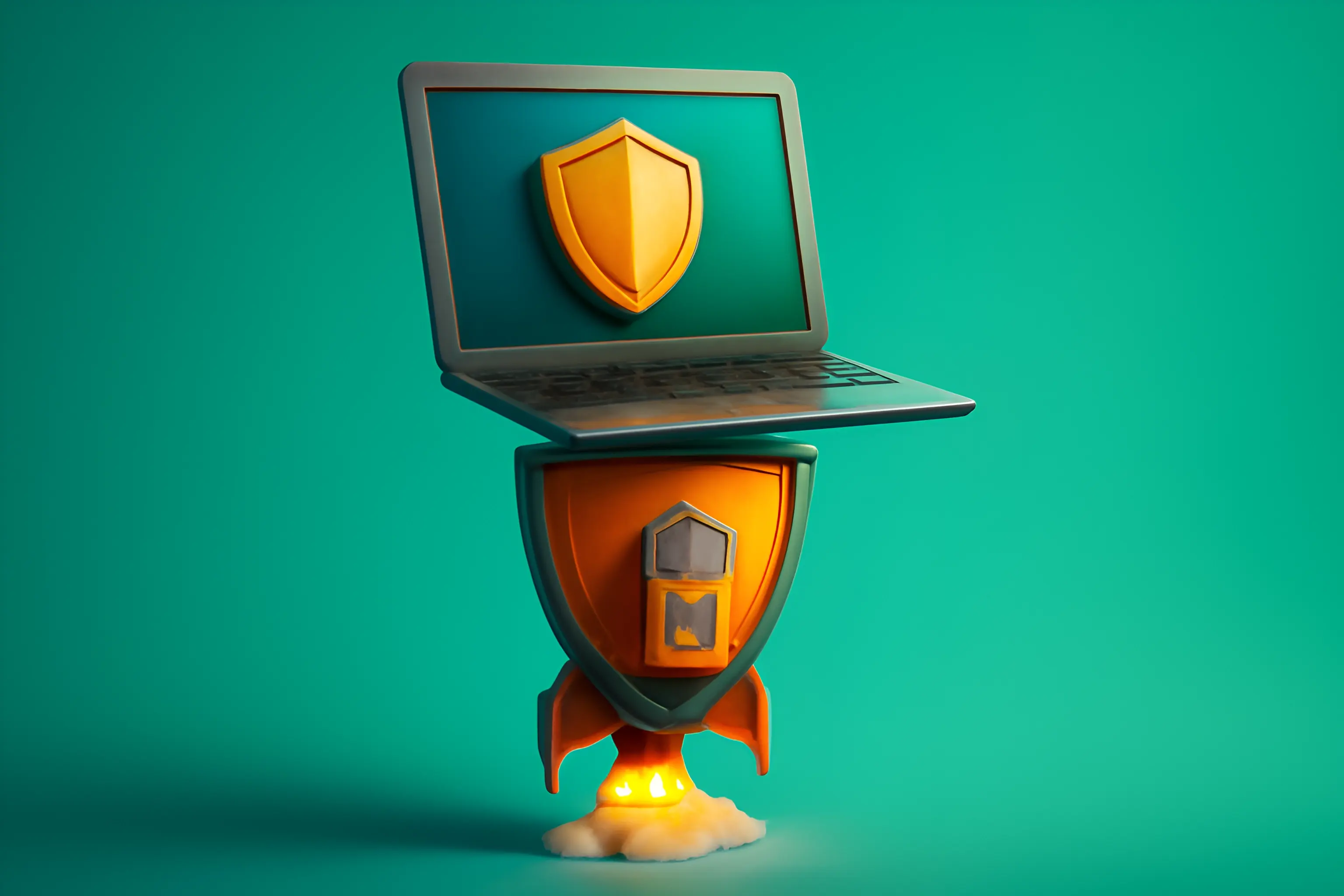 Laptop shield rocket illustration