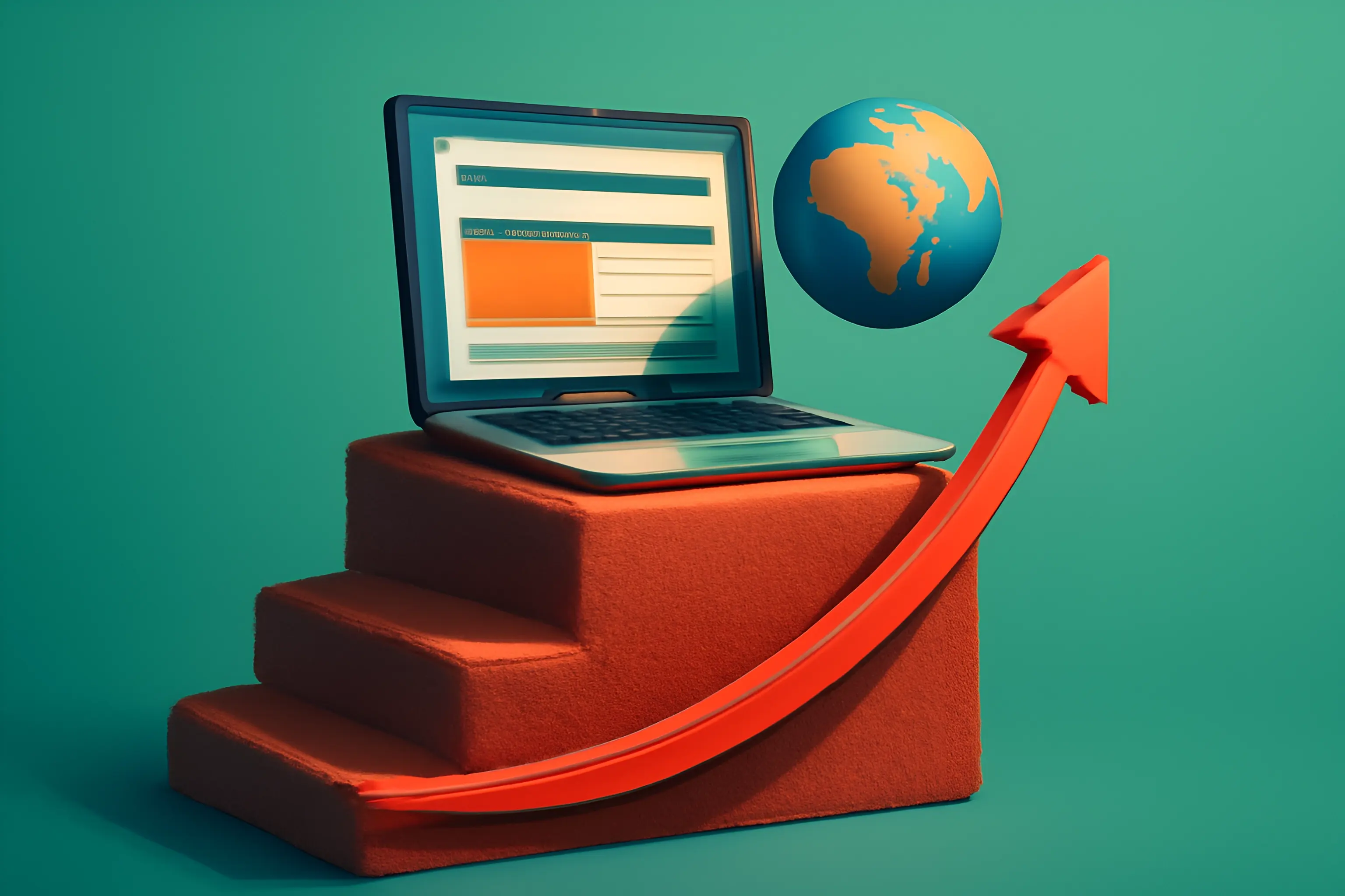 Laptop and globe with growth arrow.