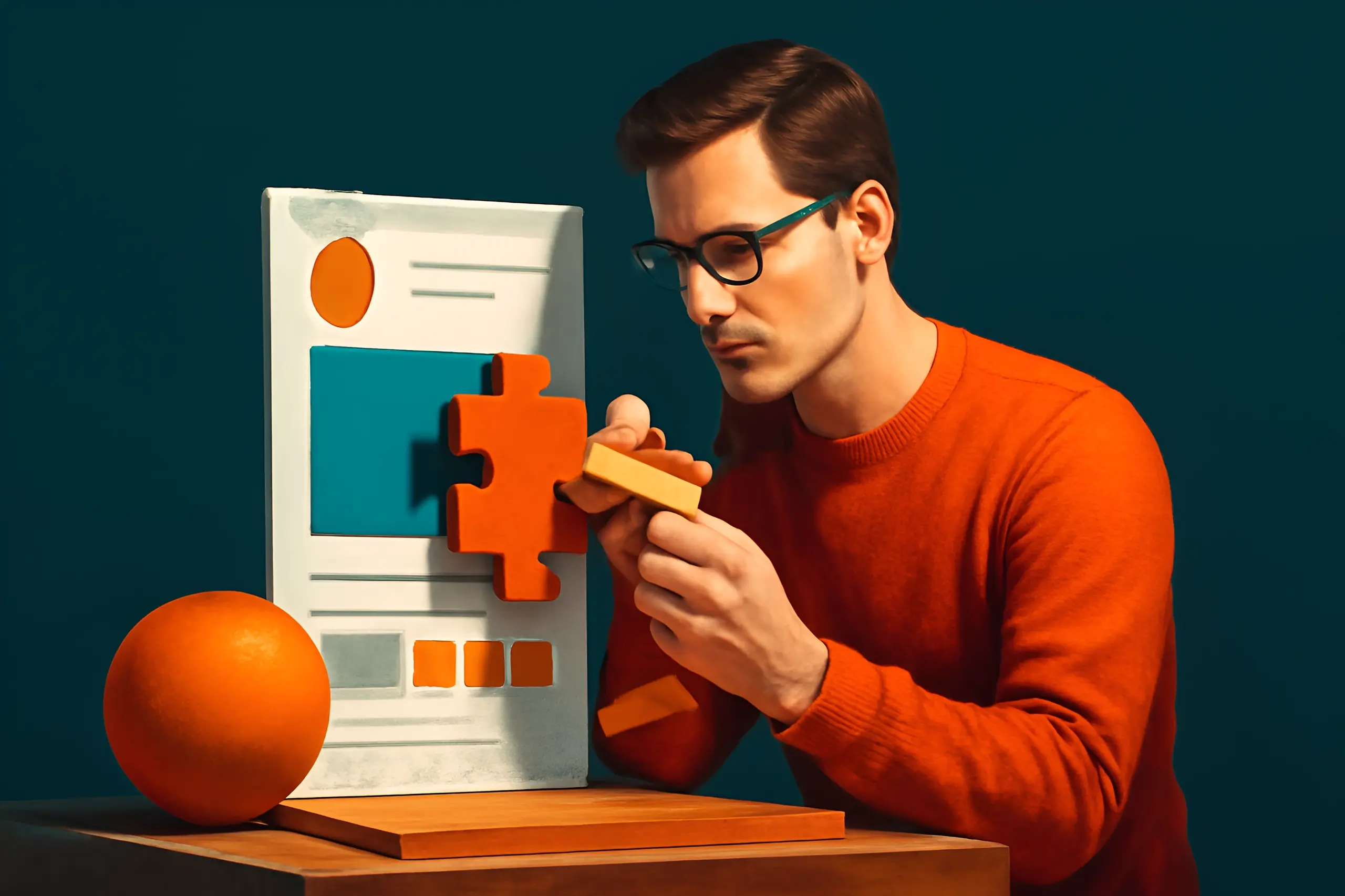 Homem montando peças coloridas de um quebra-cabeça