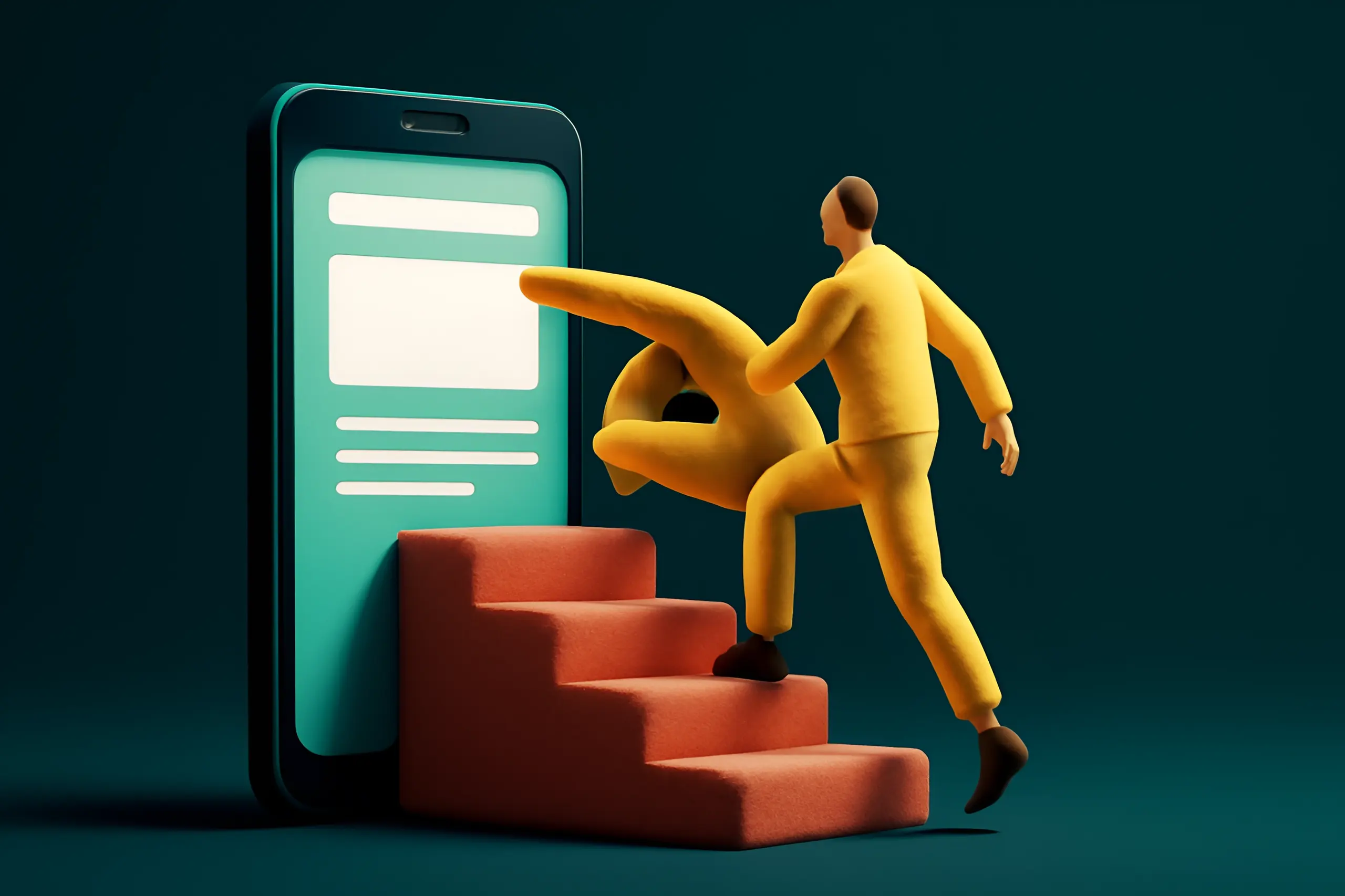Figuur die stappen beklimt naar een smartphone