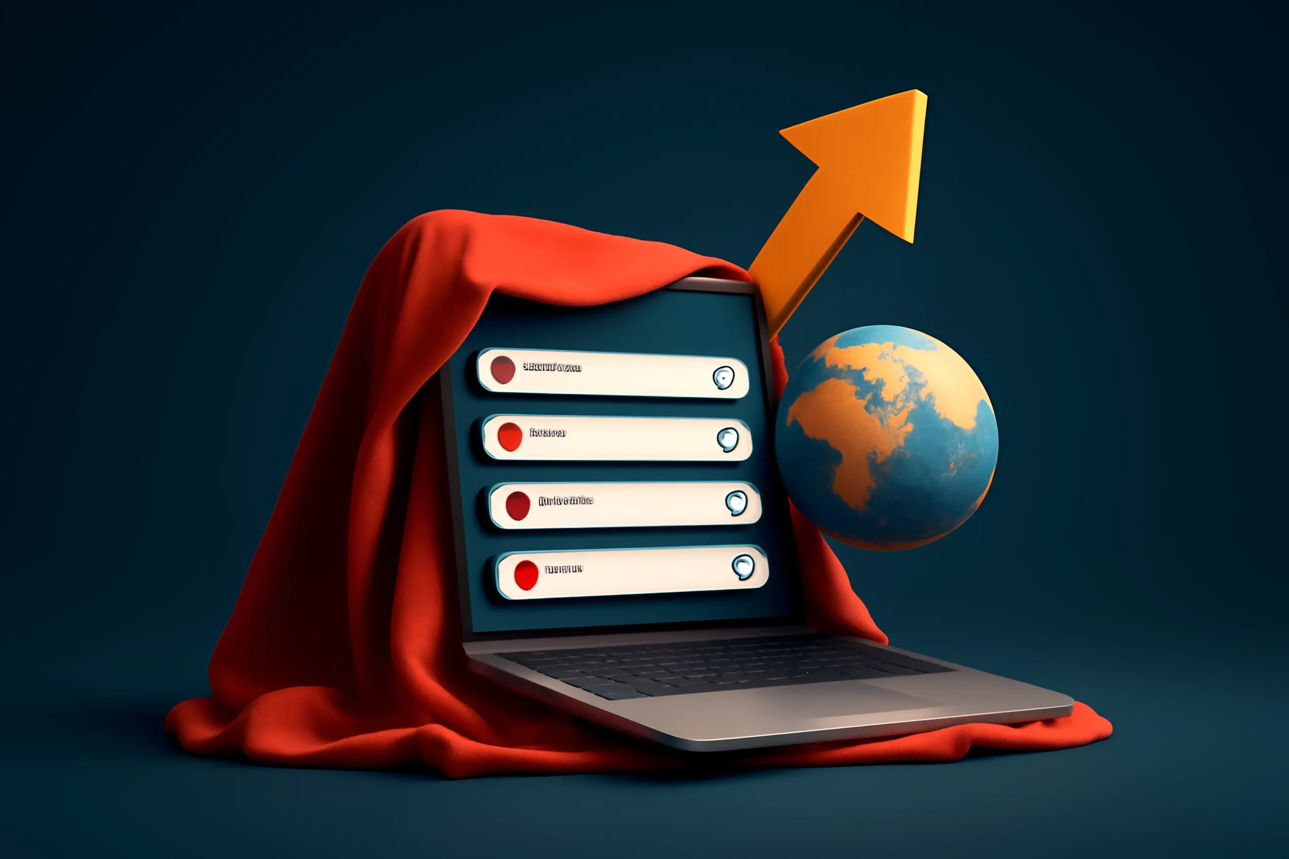 Laptop revealing growth metrics and globe.