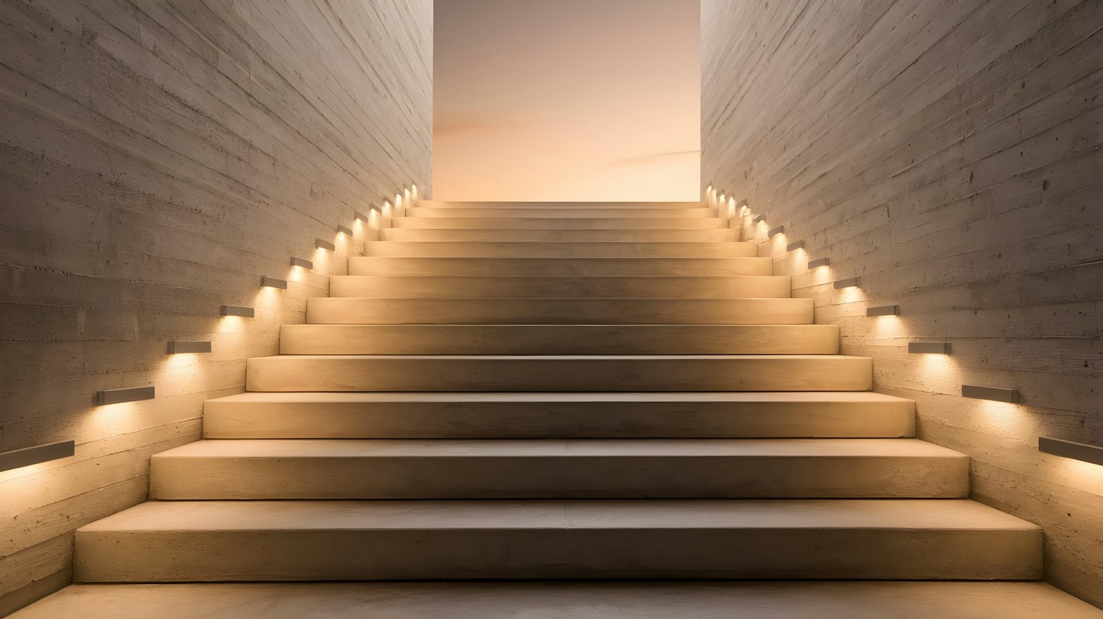 Scala in cemento illuminata da luci calde ai lati che sale verso uno spazio aperto e luminoso