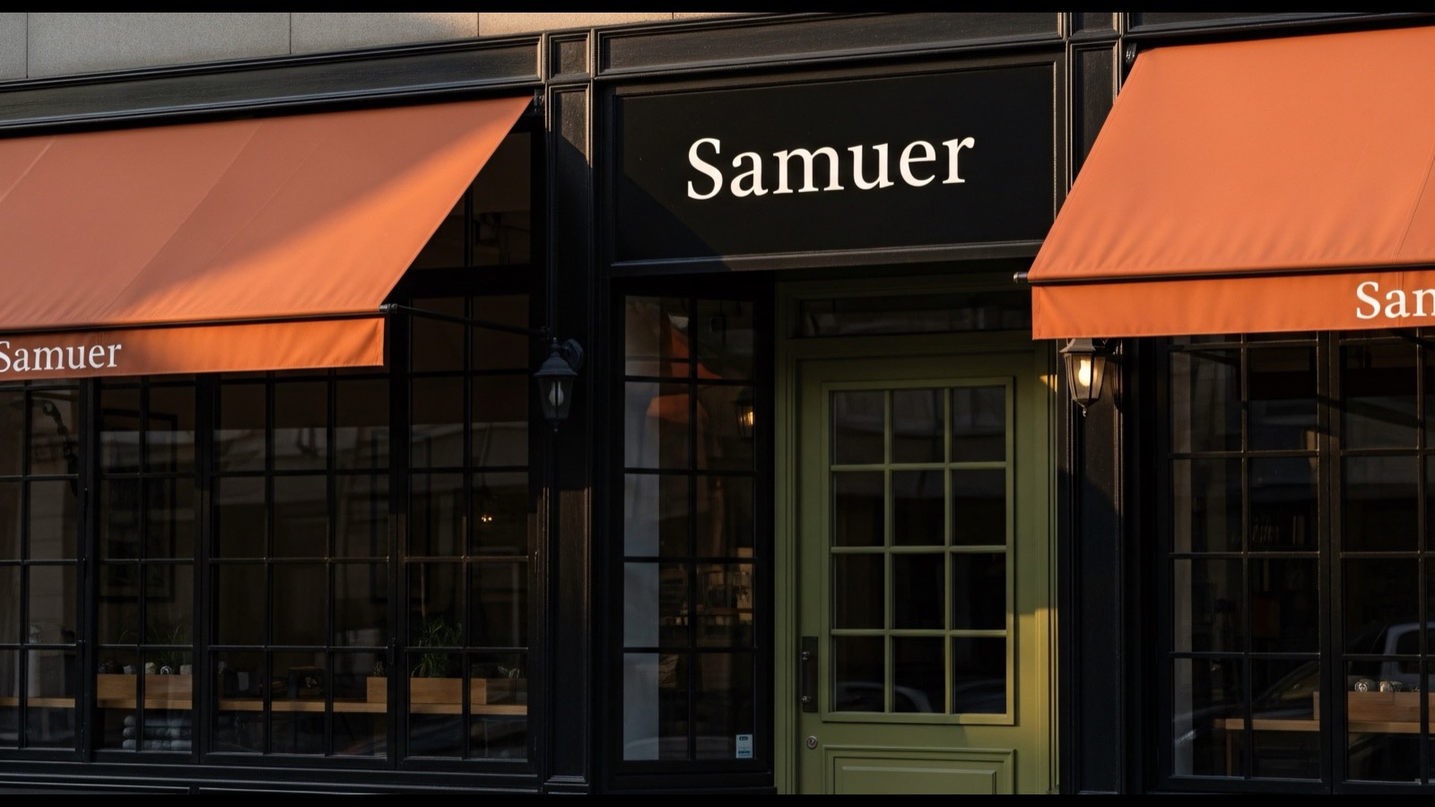The front of a local shop with orange awnings and a green door in the evening light, an image of local businesses that customers review on Google