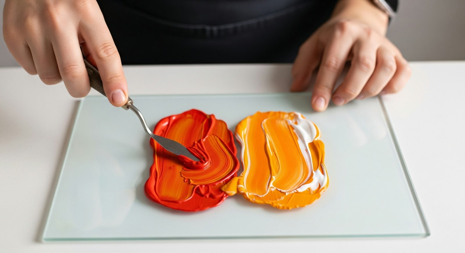 Kädet sekoittavat oranssia ja punaista maalia palettiveitsellä lasilevyn päällä