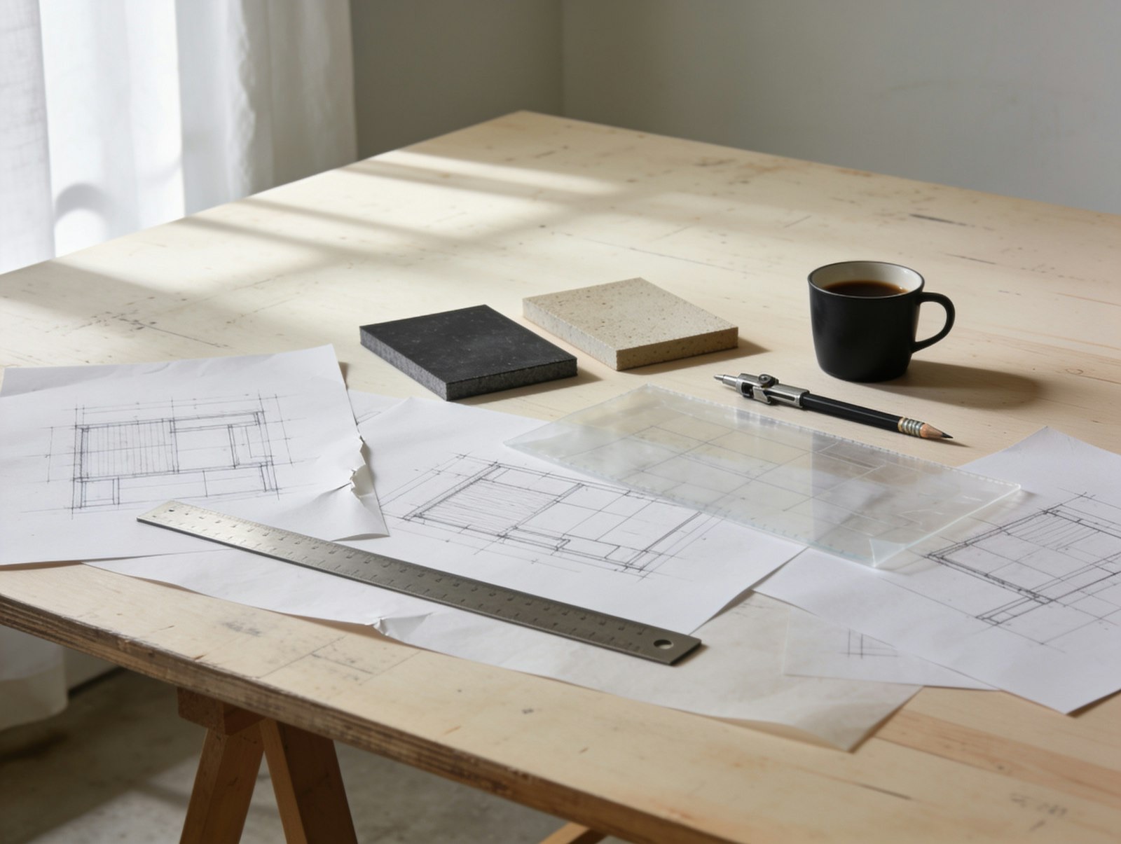 Mesa de madera con planos, una regla metálica, muestras de material y una taza de café a la luz natural