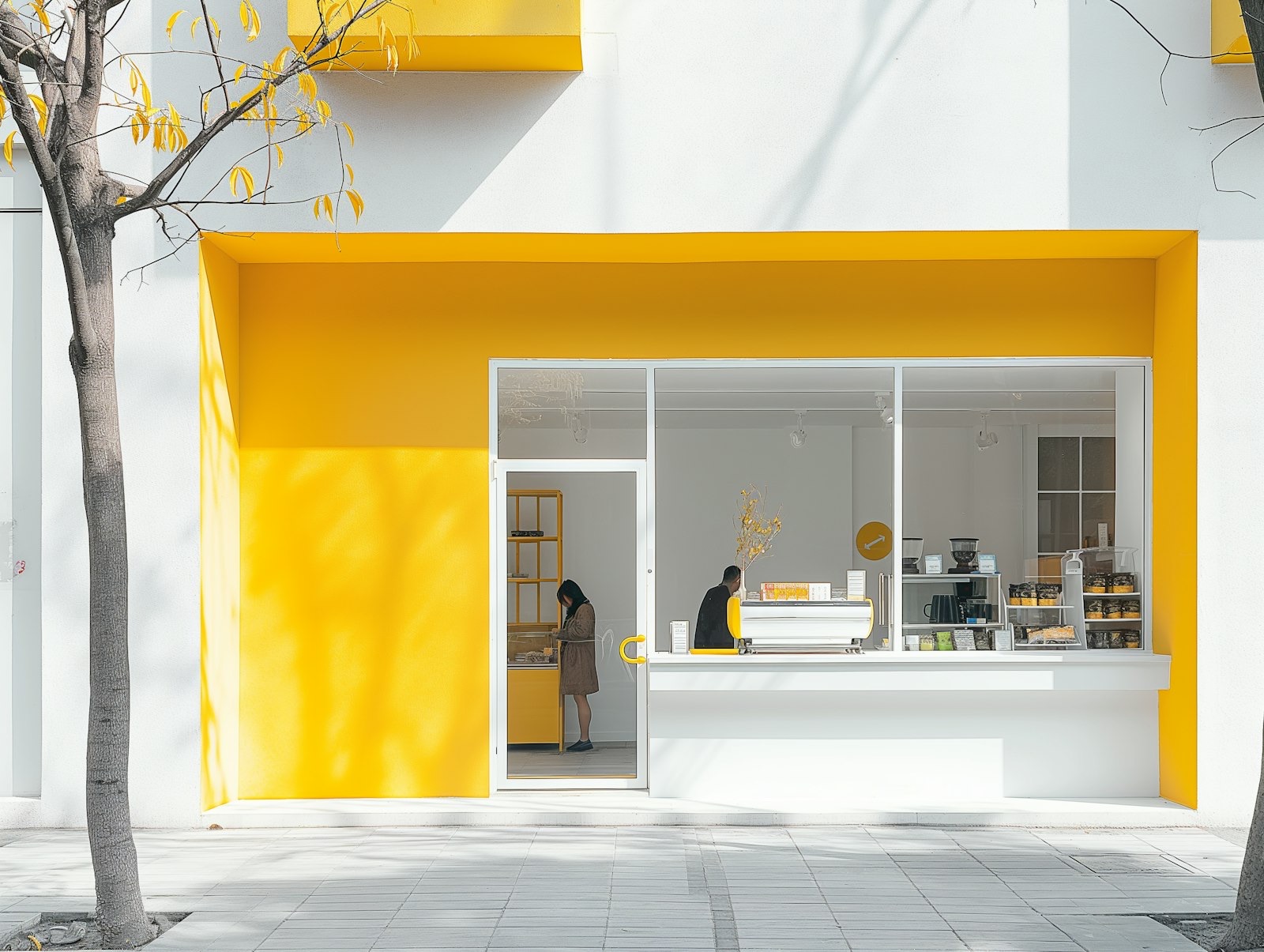Fachada de una tienda con marco amarillo y escaparate de cristal en una acera con un árbol