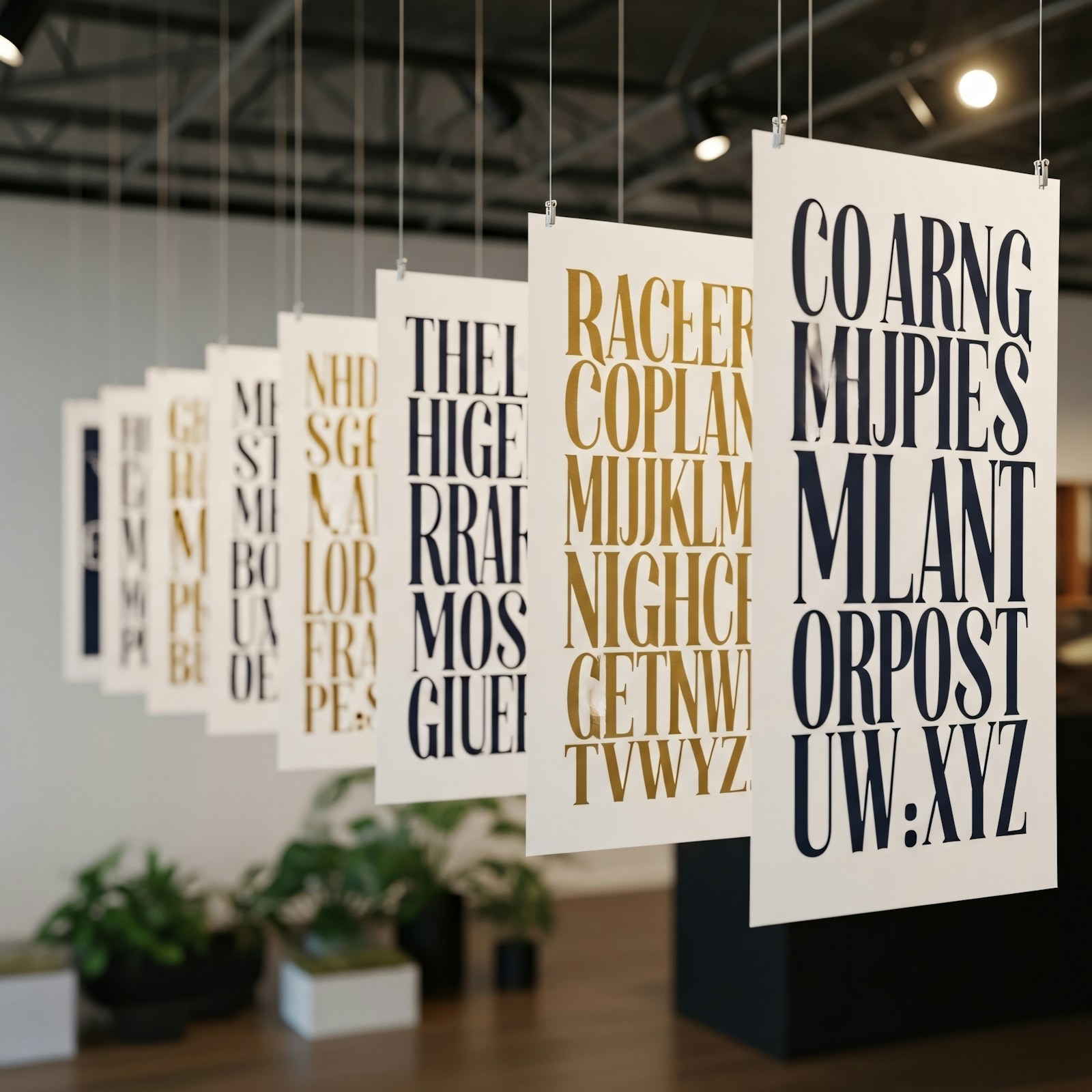 Een rij opgehangen typografieposters met grote letters in donkerblauw en goud in een lichte expositieruimte