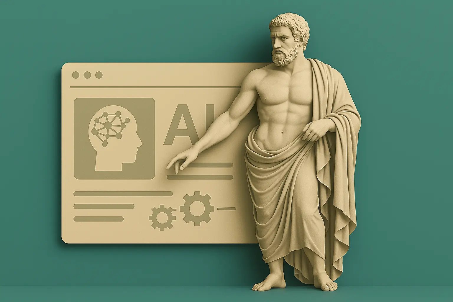 Illustrazione digitale che unisce scultura classica e interfaccia moderna di automazione AI. Una statua greca indica una finestra del browser stilizzata con icone e ingranaggi legati all'IA.