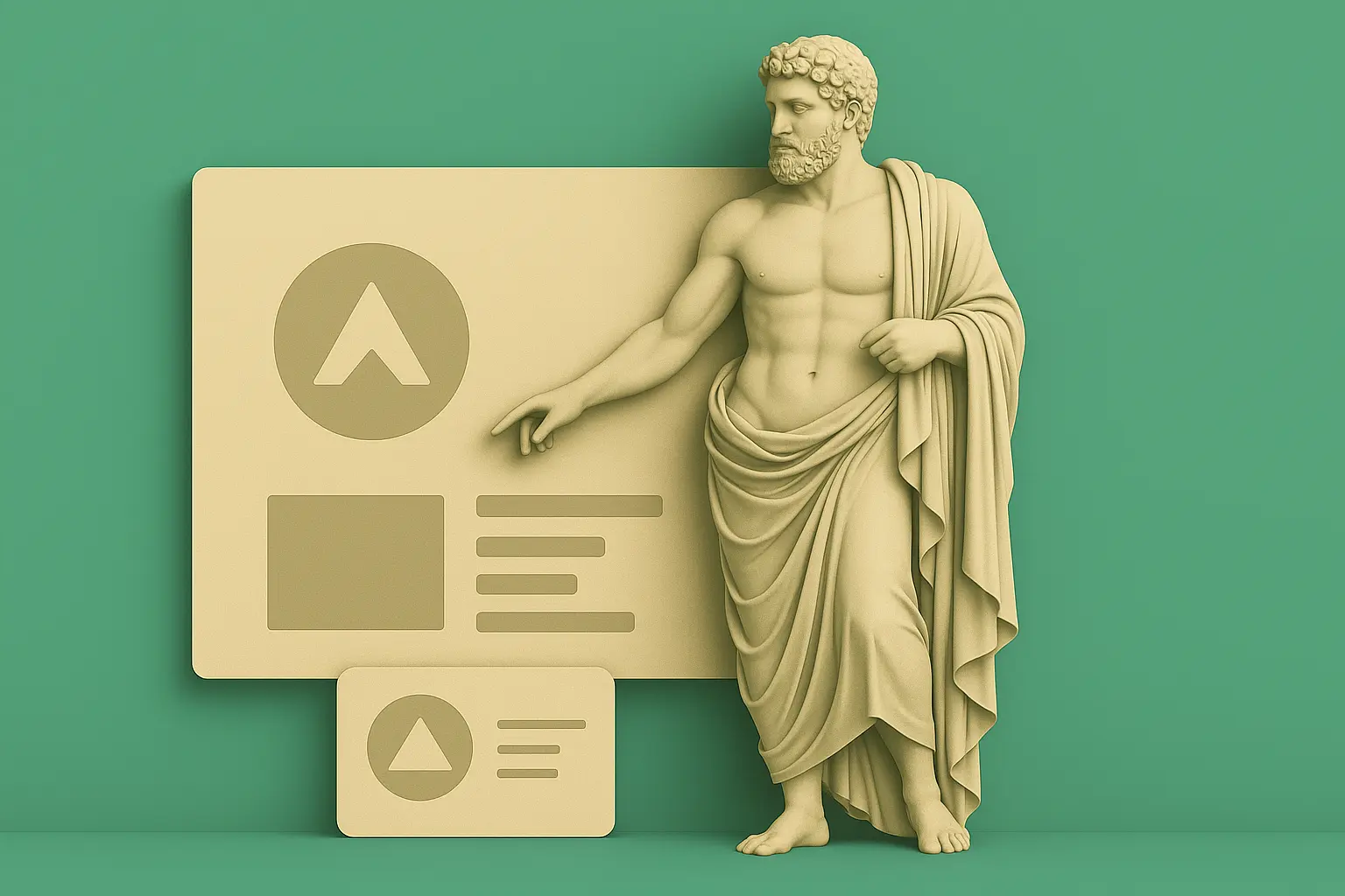 Illustrazione 3D di una statua greca classica che indica un'interfaccia di branding moderna senza testo – fusione di arte e design.
