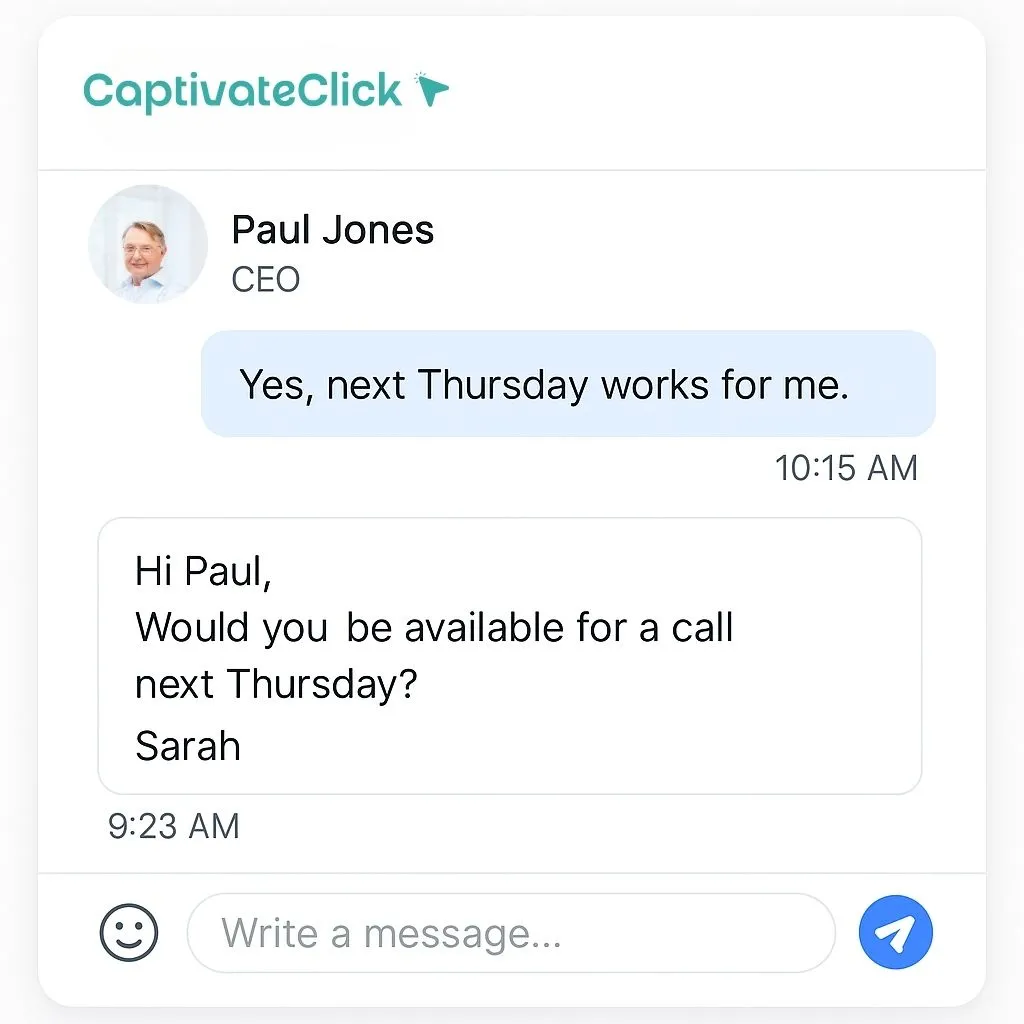 Example chat reply from a cold email outreach, showing Paul confirming a Thursday call in a CaptivateClick conversation interface.
