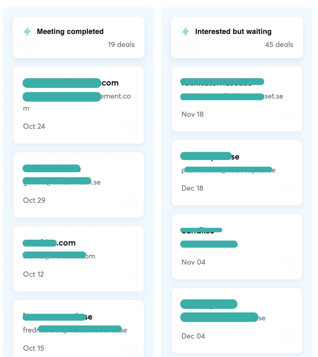 Lead generation dashboard showing completed meetings and interested prospects from email outreach campaigns