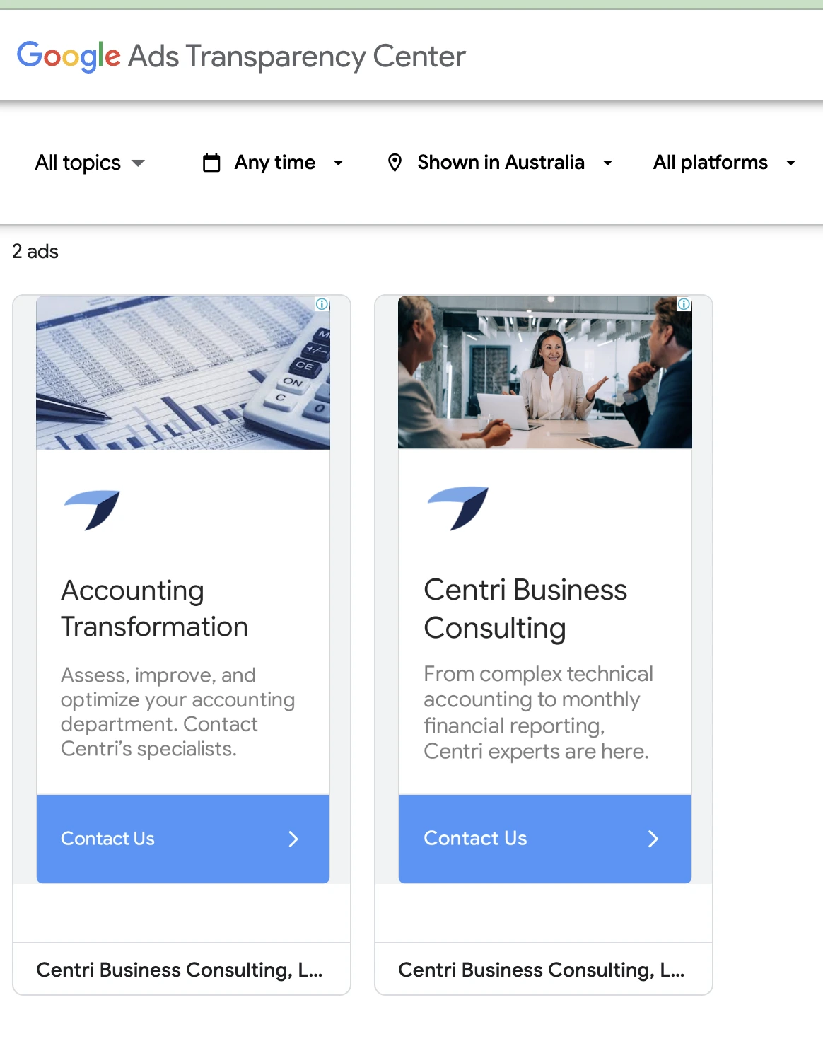 Google Ads Transparency Center showing two Centri Business Consulting ads for accounting transformation and consulting services in Australia