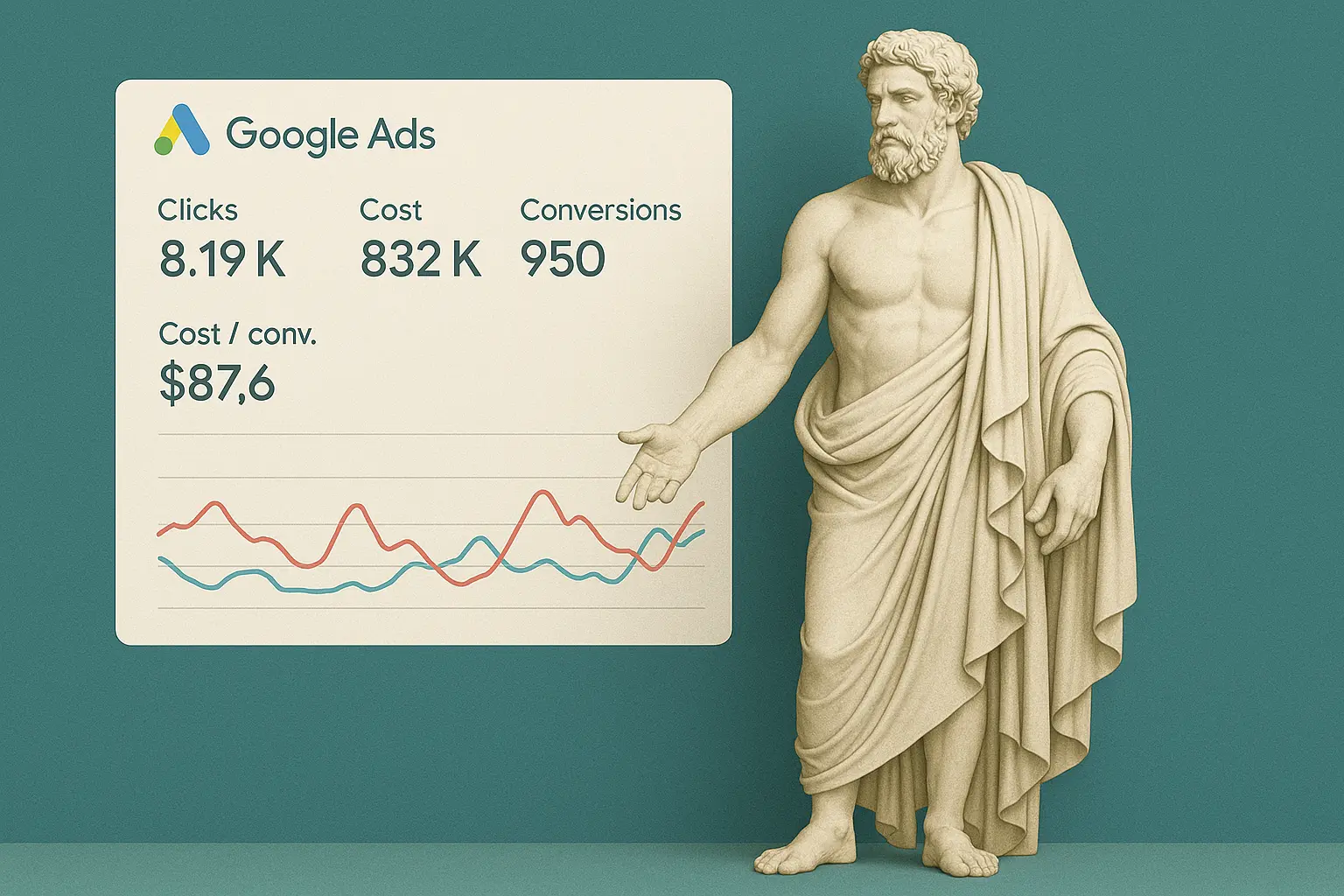 CaptivateClicks Google Ads-dashboard viser 8,19K klikk, 950 konverteringer og $87,6 per konvertering.