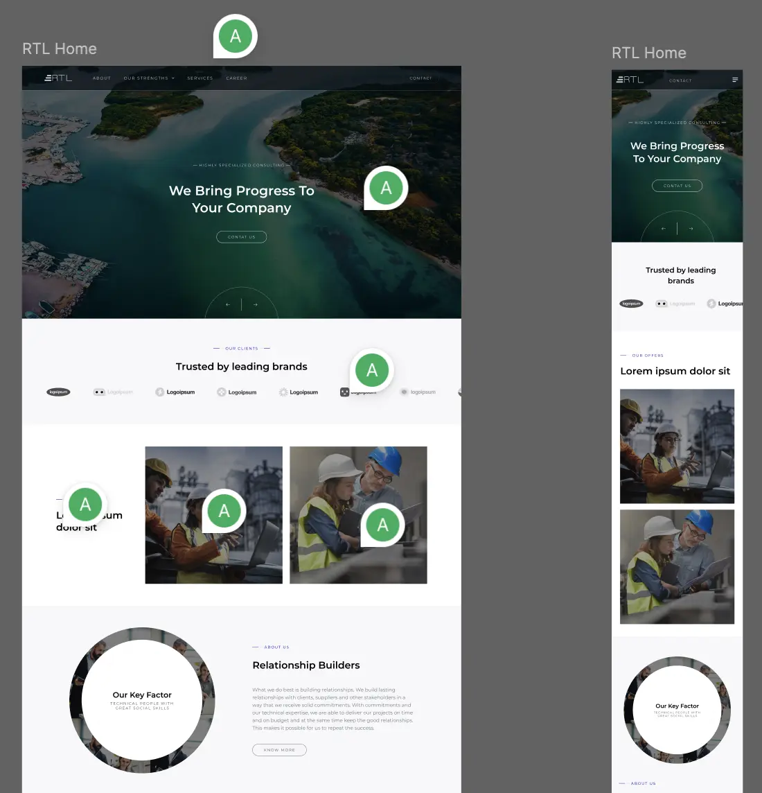 Responsive RTL website design showing desktop and mobile versions of a corporate homepage with consistent layout.