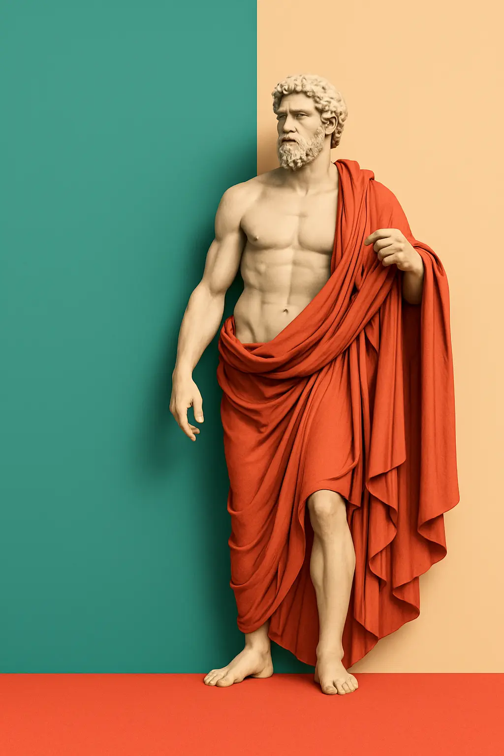 Classical marble statue in red robe against a bold teal and beige background, styled for modern branding or design use.