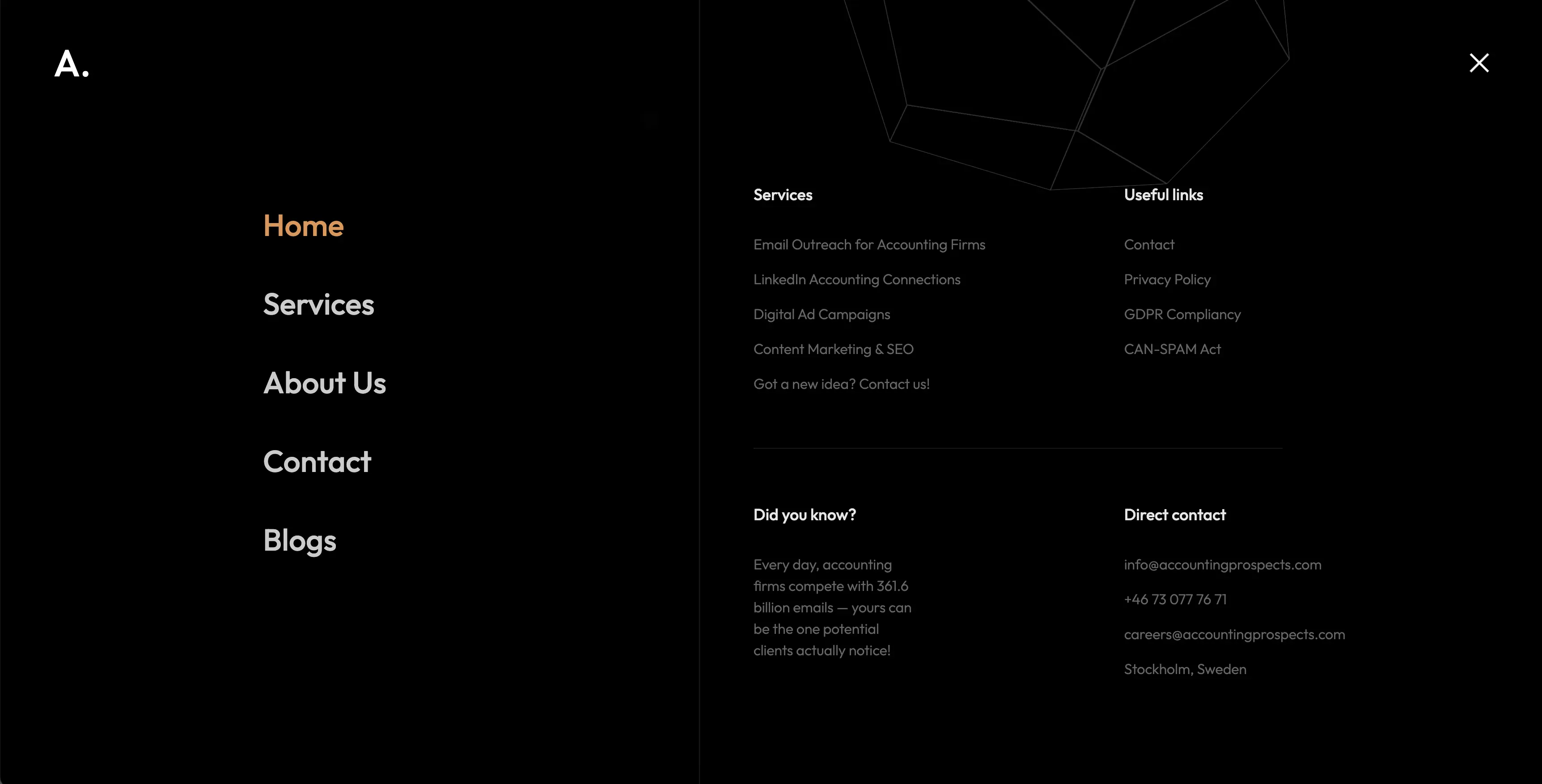 Navigation overlay with main menu on the left and services, links, stats, and contact info on the right over a black background.