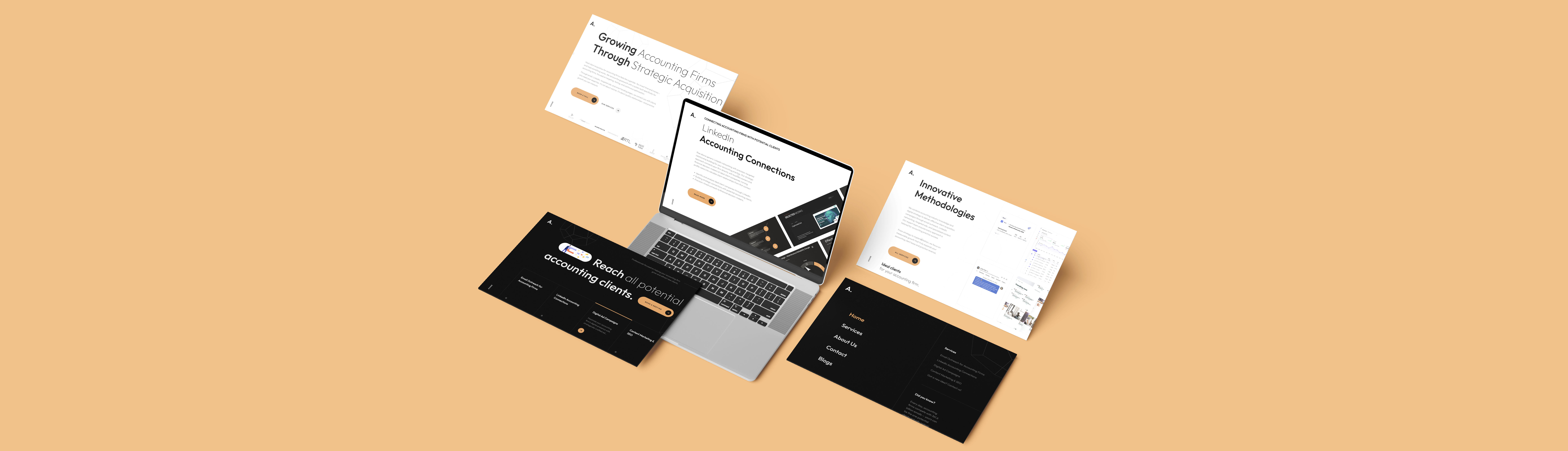 Tablet mockup met de kop ‘Groei van accountantskantoren via strategische overnames’ en call-to-action knoppen tegen een tweekleurige oranje en leigrijze achtergrond.