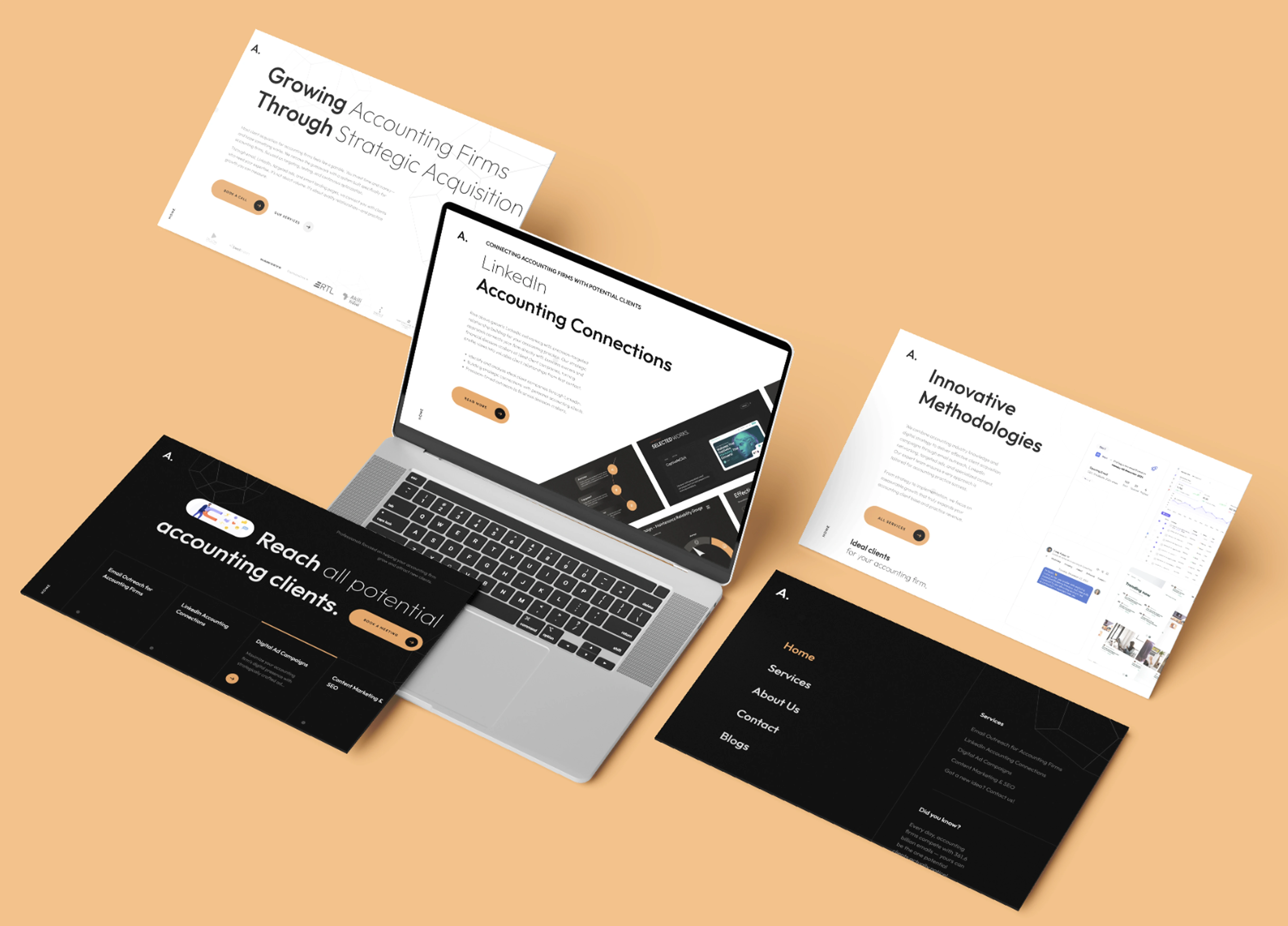 Tablet mockup showing ‘Growing Accounting Firms Through Strategic Acquisition’ headline with call-to-action buttons on a two-tone orange and slate background.