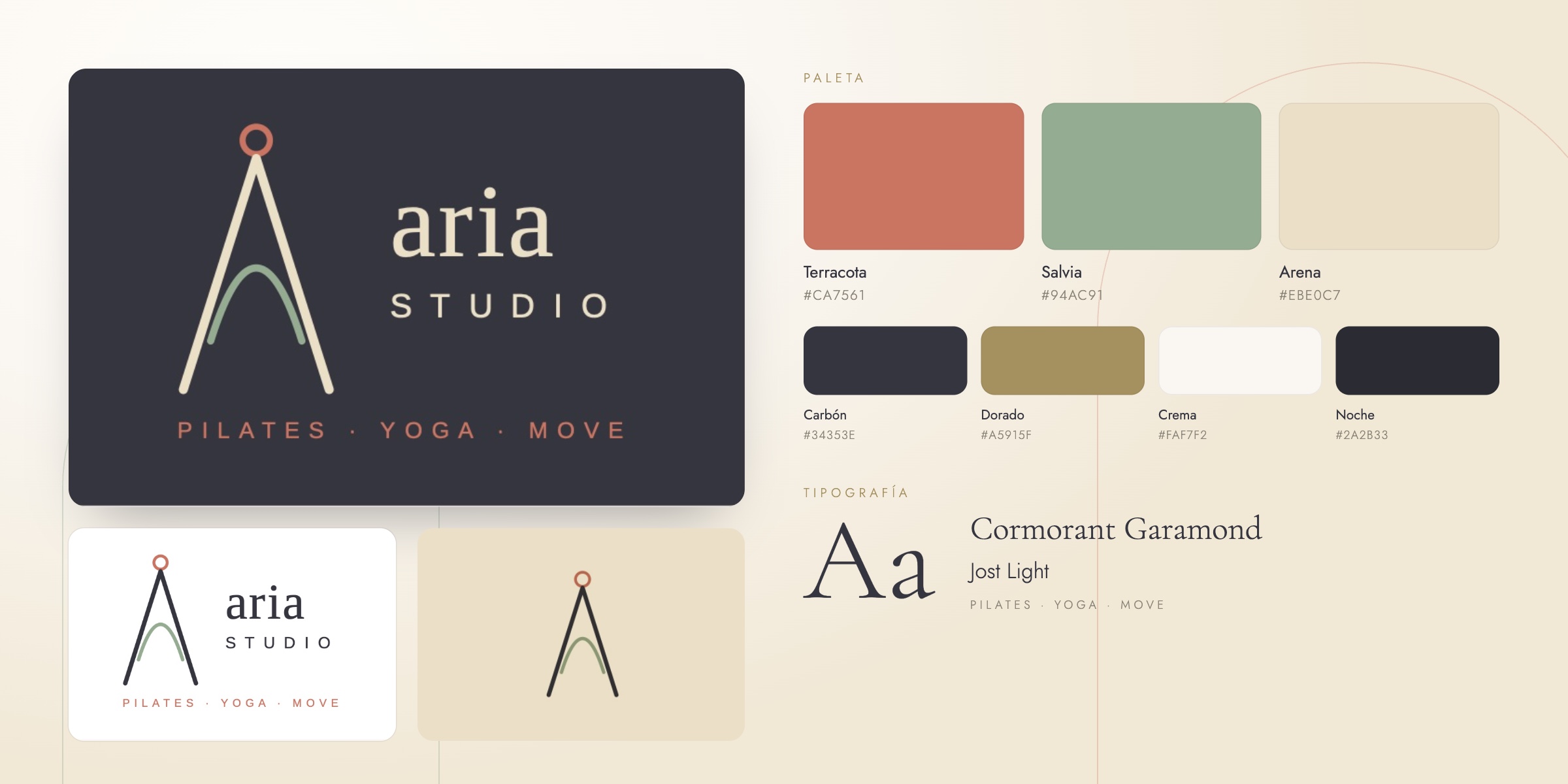 Aria Studio’s identity: the logo on charcoal and white, the icon on sand, the colour palette with hex codes and the Cormorant Garamond and Jost typefaces.