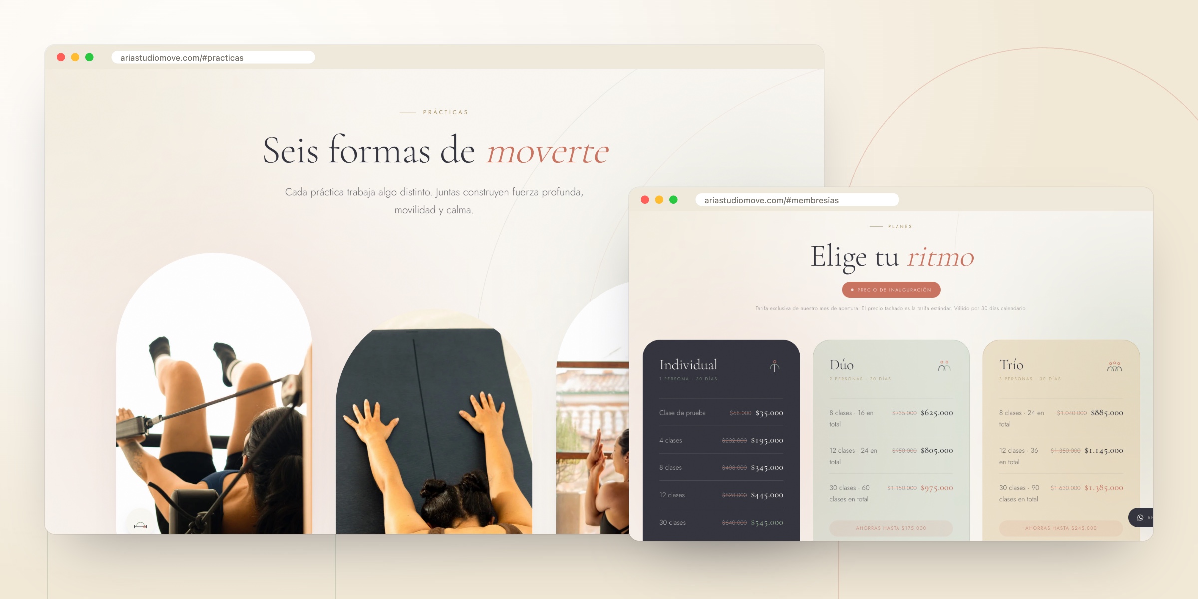 The “Seis formas de moverte” section with arched photos and the Individual, Dúo and Trío plans with launch prices.