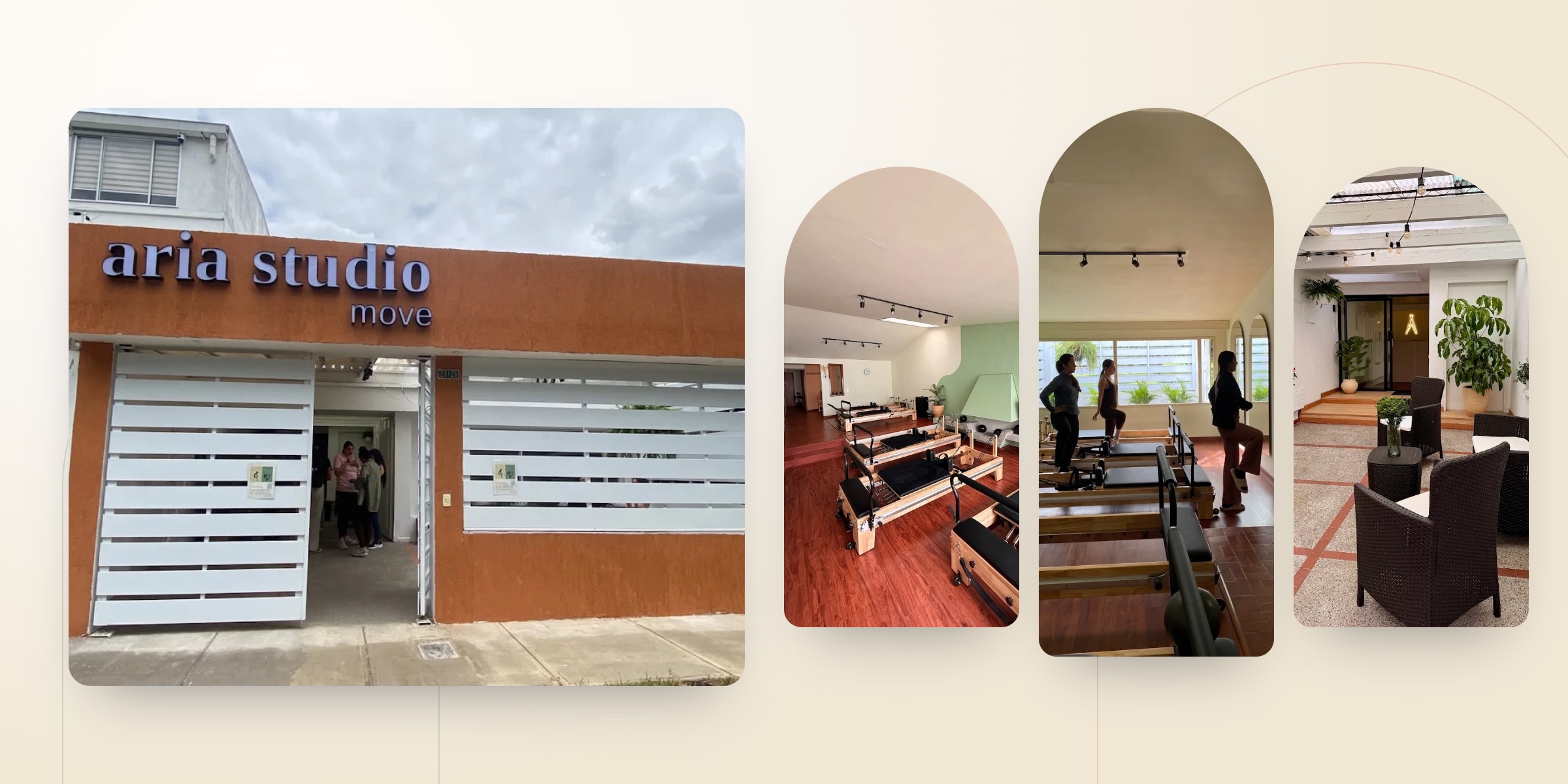 The Aria Studio façade on the street, the reformer room, a class by the arched mirrors and the plant-filled courtyard.