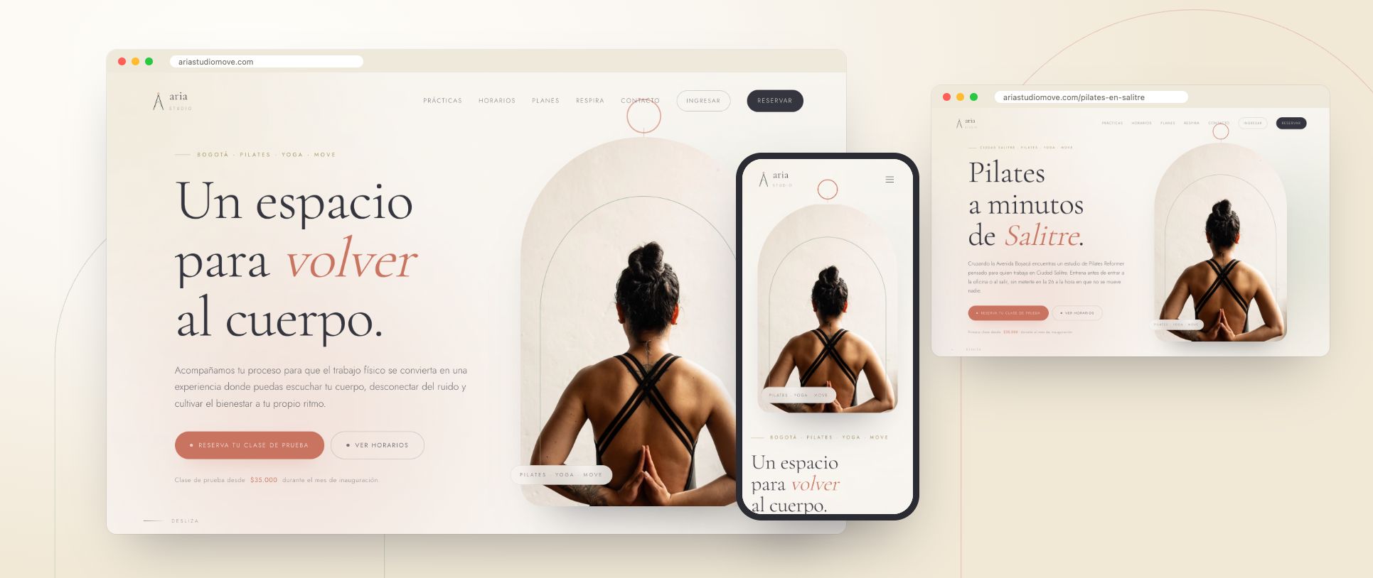 Aria Studio’s homepage in a browser window, the mobile site in front and the Ciudad Salitre landing page beside it.