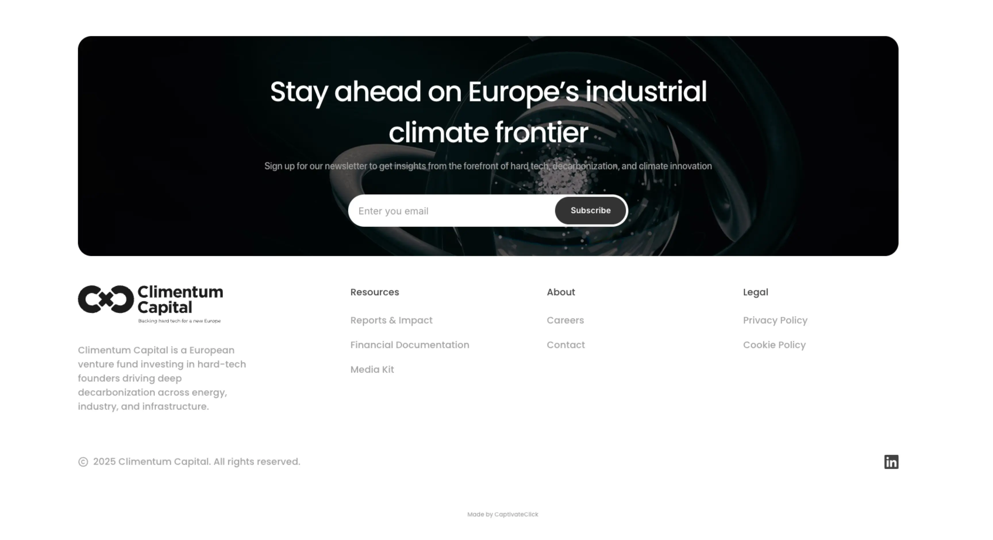 Een gedeelte van de website van Climentum Capital met hun investeringsportfolio in klimaattechnologie.