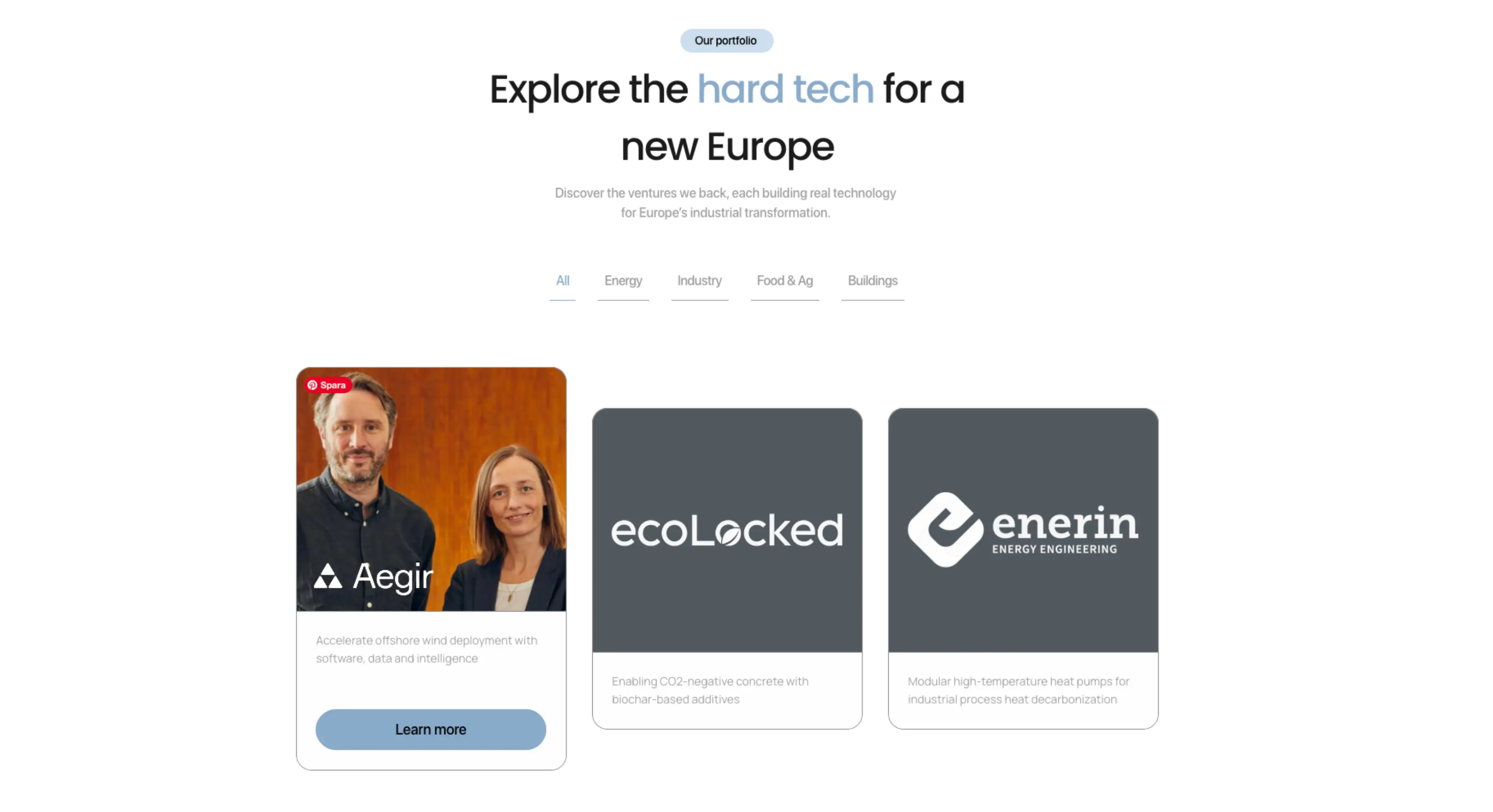 Una sección del sitio web de Climentum Capital que muestra su cartera de inversiones en tecnología climática.