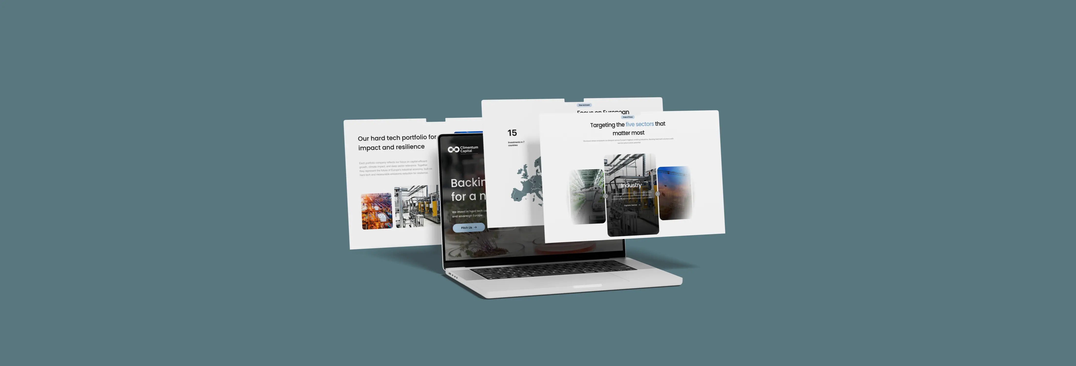 Het herontwerp van de website van Climentum Capital getoond op een laptop, waarbij hun focus op durfkapitaal voor klimaattechnologie wordt benadrukt.