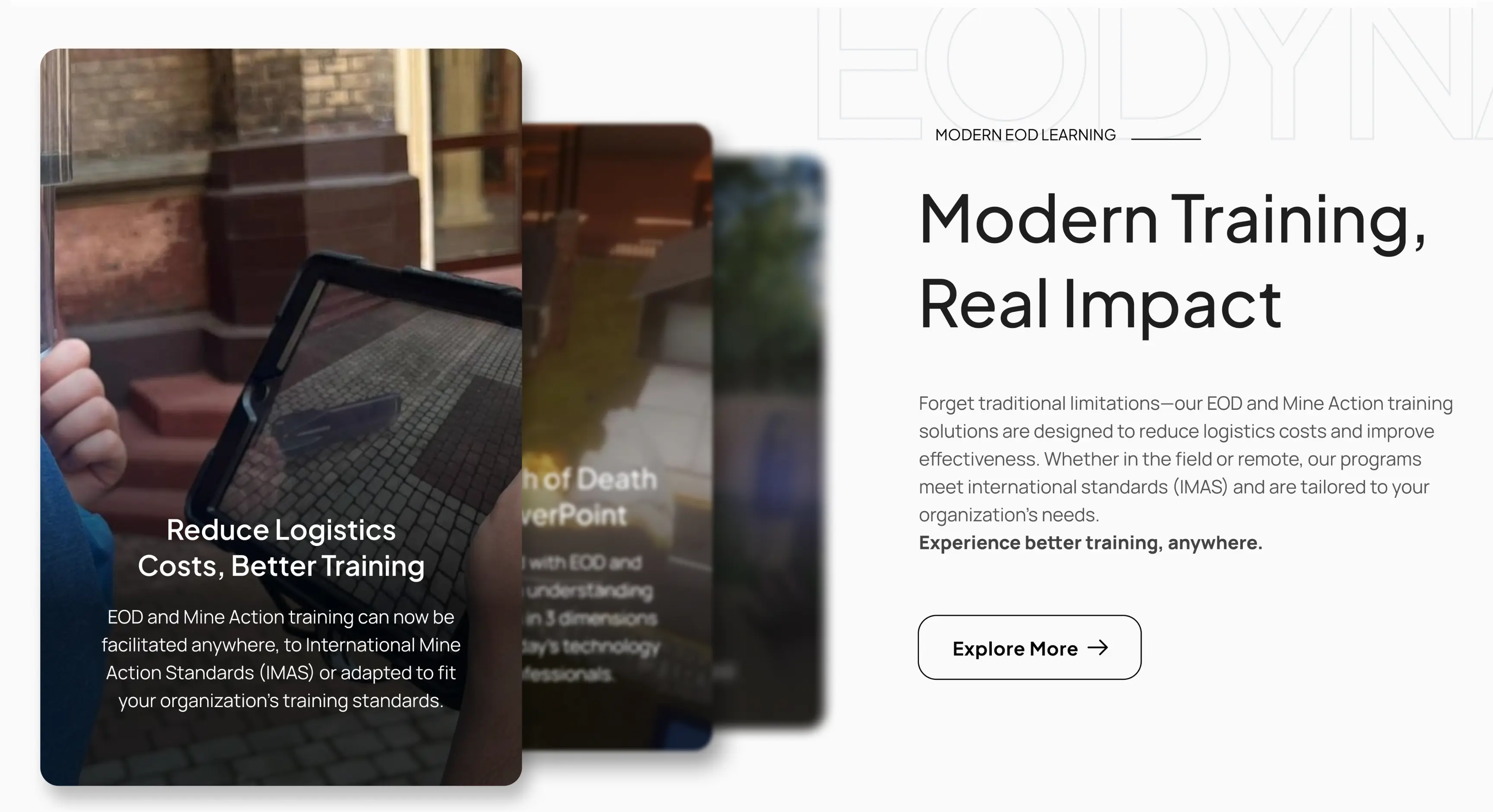 Mockup av det nya EODynamics-webbplatsgränssnittet, som visar dess moderna, rena design och tydliga uppmaningar till handling.