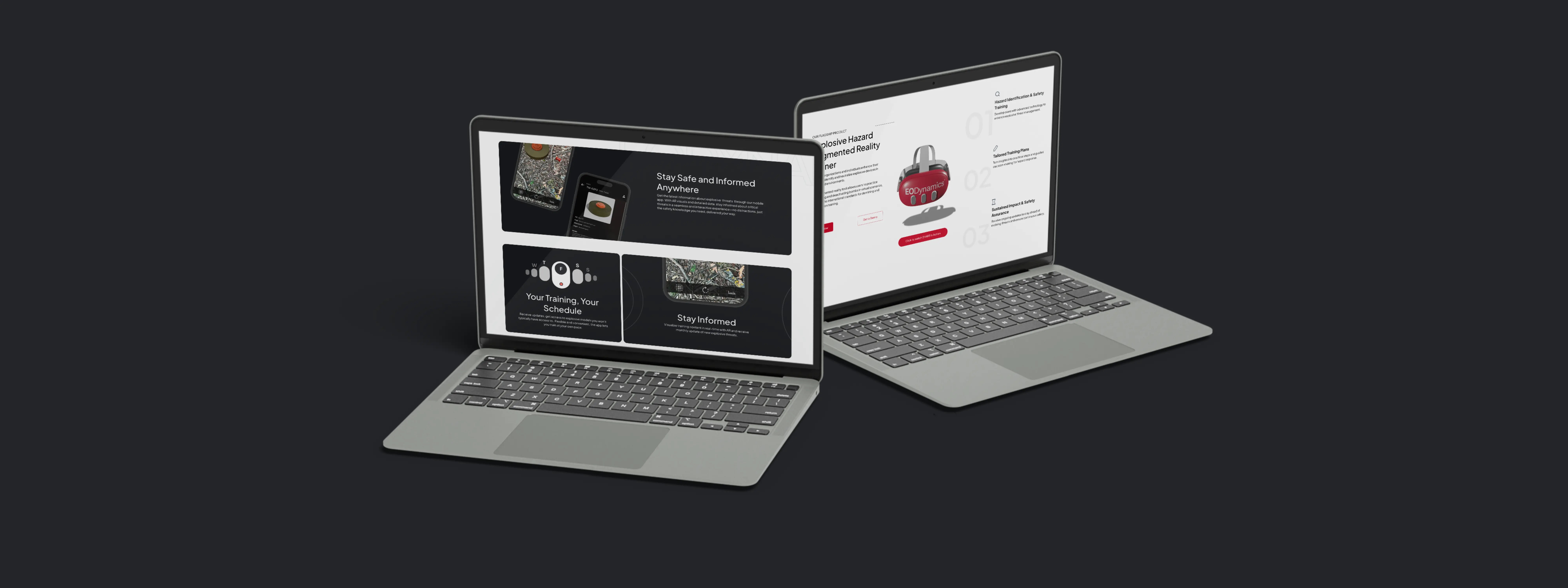 Mockup de portátil com o novo website da EODynamics, com um design moderno e credível que apresenta os seus sistemas avançados de formação em EOD.