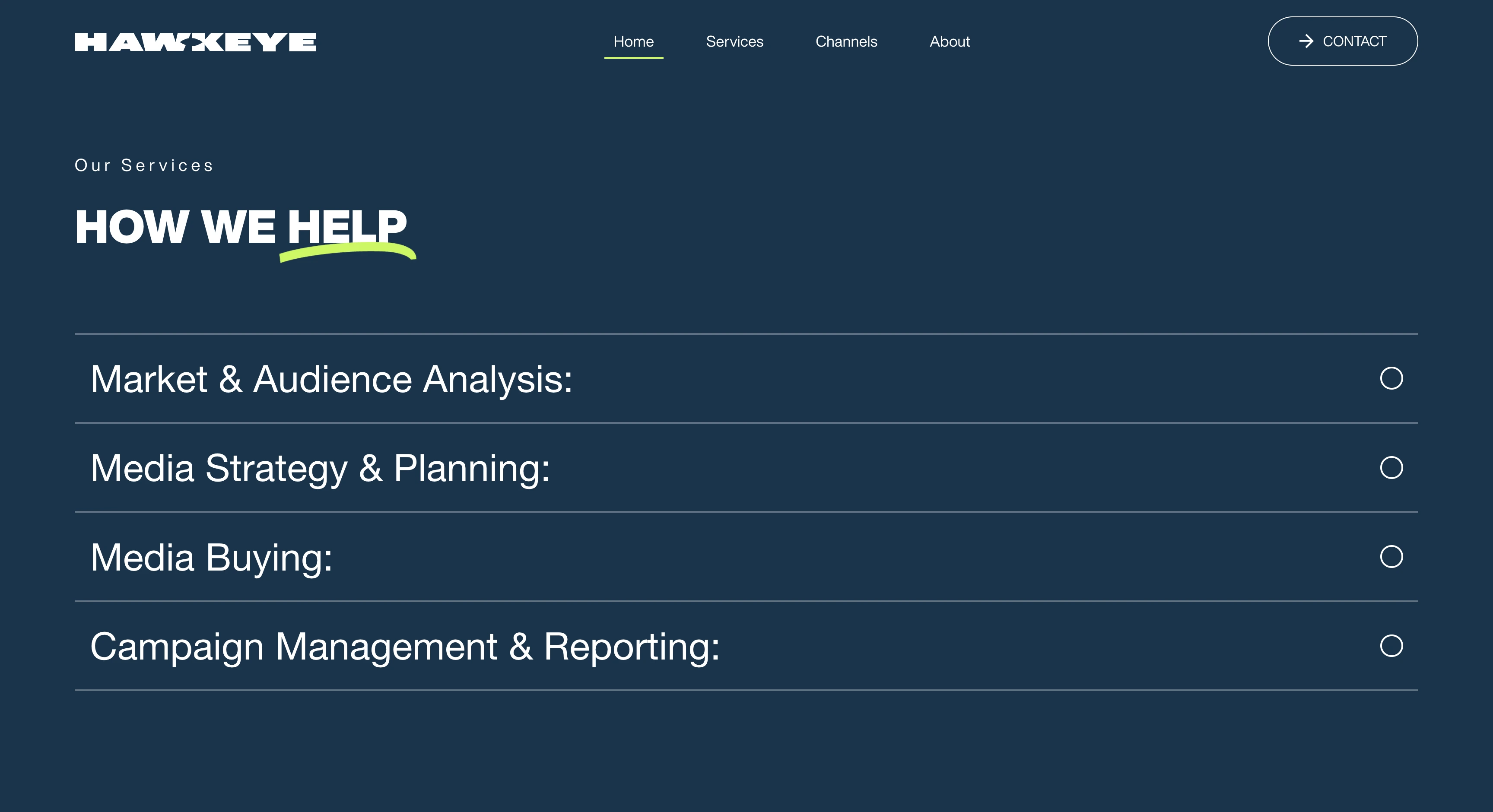 Hawkeye Advertising services page showing media strategy, campaign management, and audience analysis