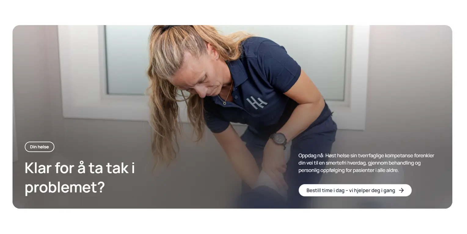 Una sección de la web de Høst Helse con una profesional y una llamada clara para reservar una cita.