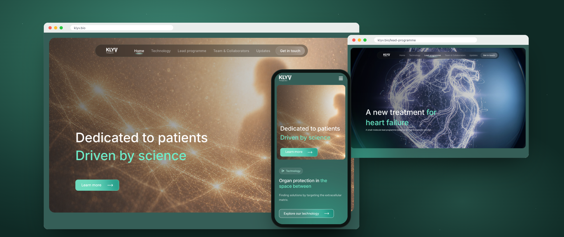 La página de inicio de KLYV Therapeutics en una ventana del navegador, con la página del programa principal al lado y la versión móvil delante.