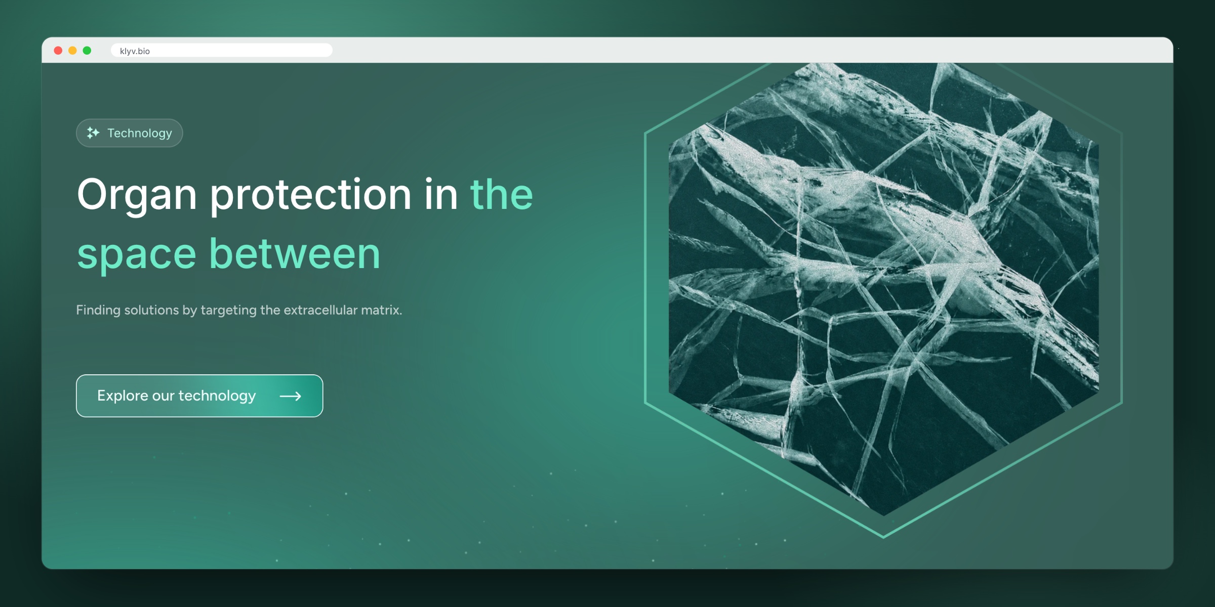 La sección Technology de la página de inicio de KLYV, con el titular «Organ protection in the space between» junto a una imagen hexagonal.