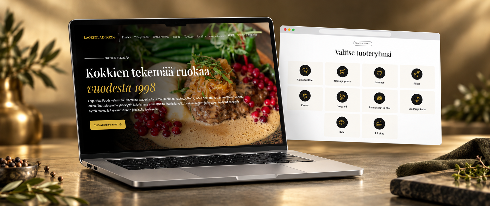 La página de inicio finlandesa de Lagerblad Foods en un portátil con una vista flotante de las categorías de producto.