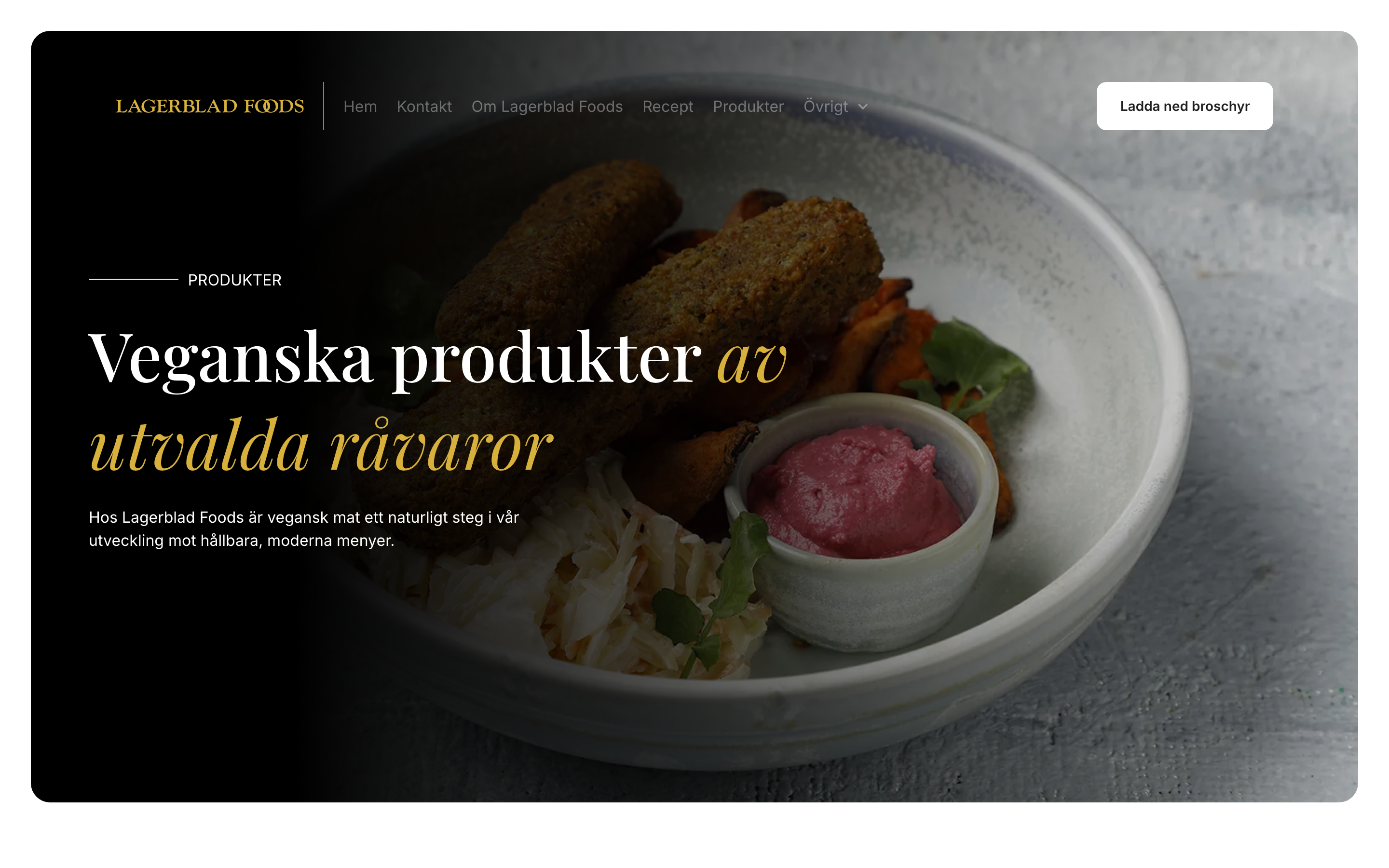 La categoría sueca de productos veganos con un encabezado específico y fotografía gastronómica.