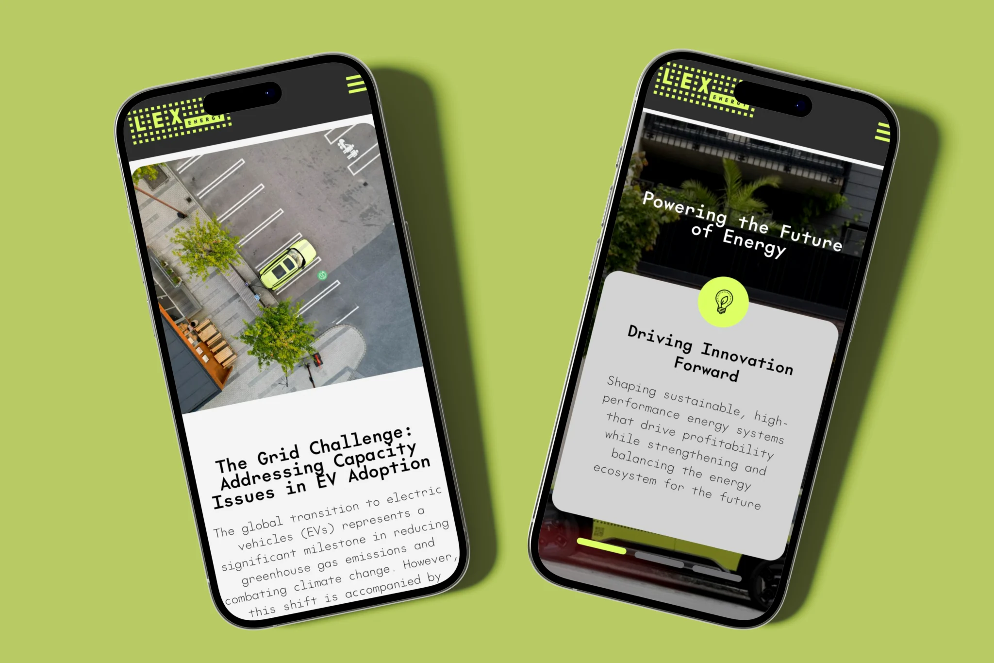 Twee smartphone-mockups die LexEnergys responsive mobiele website tonen met content over energiediensten en EV-laadfuncties tegen een levendige limegroene achtergrond.