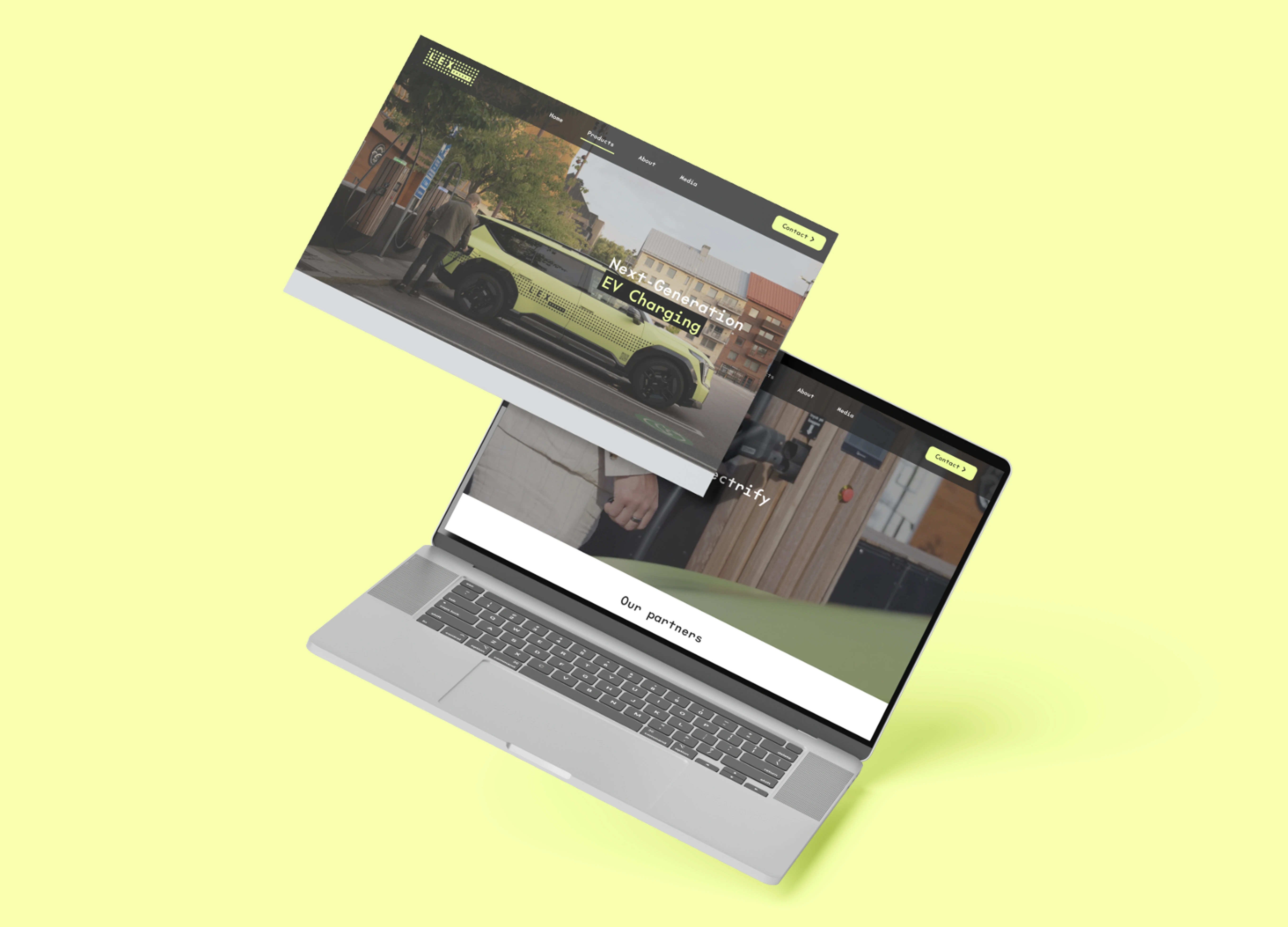 Two floating tablet mockups against a lime-green background displaying the Lex Energy website.