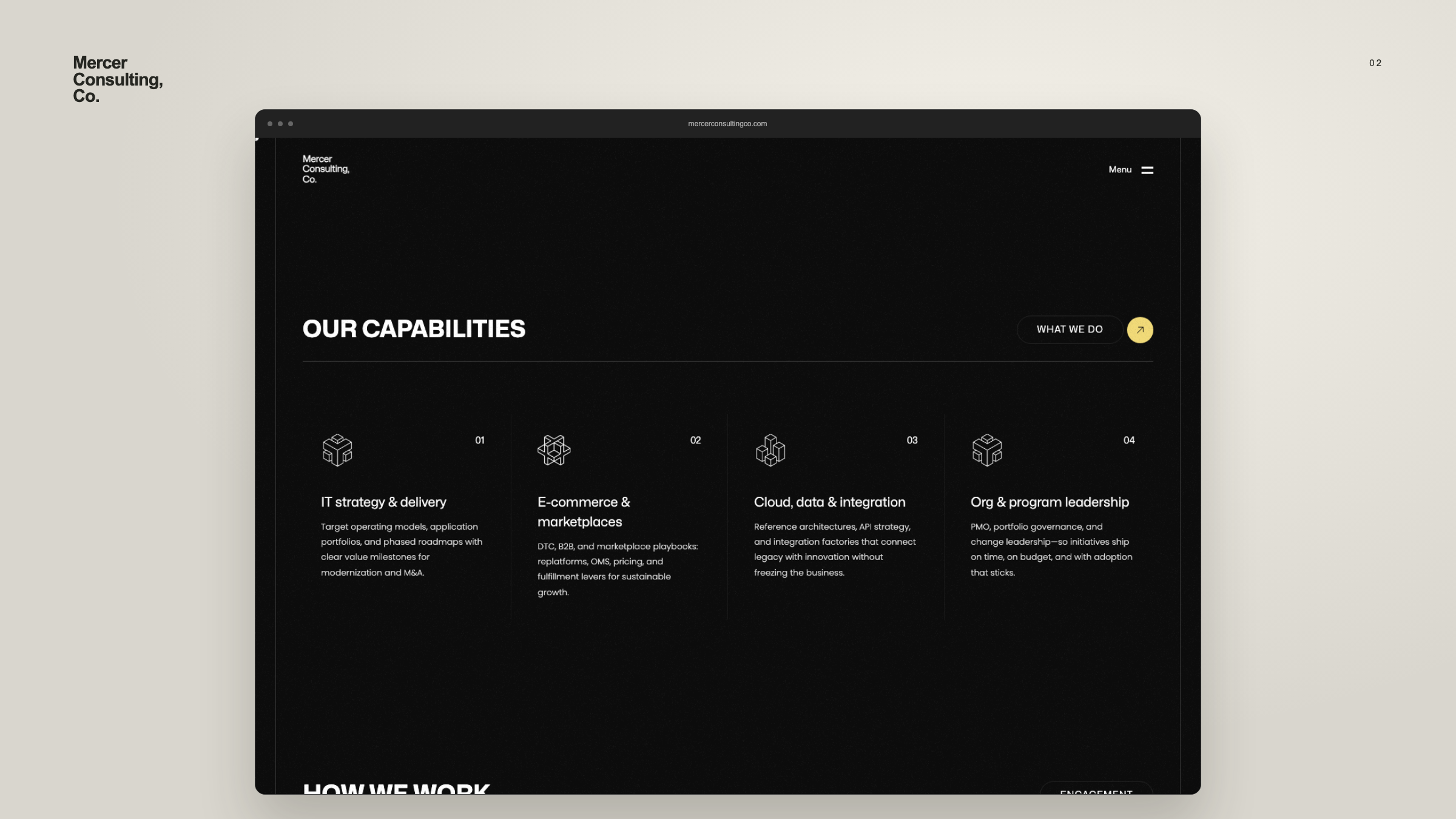 Mercer Consulting’s four capability groups presented in a desktop browser mockup.