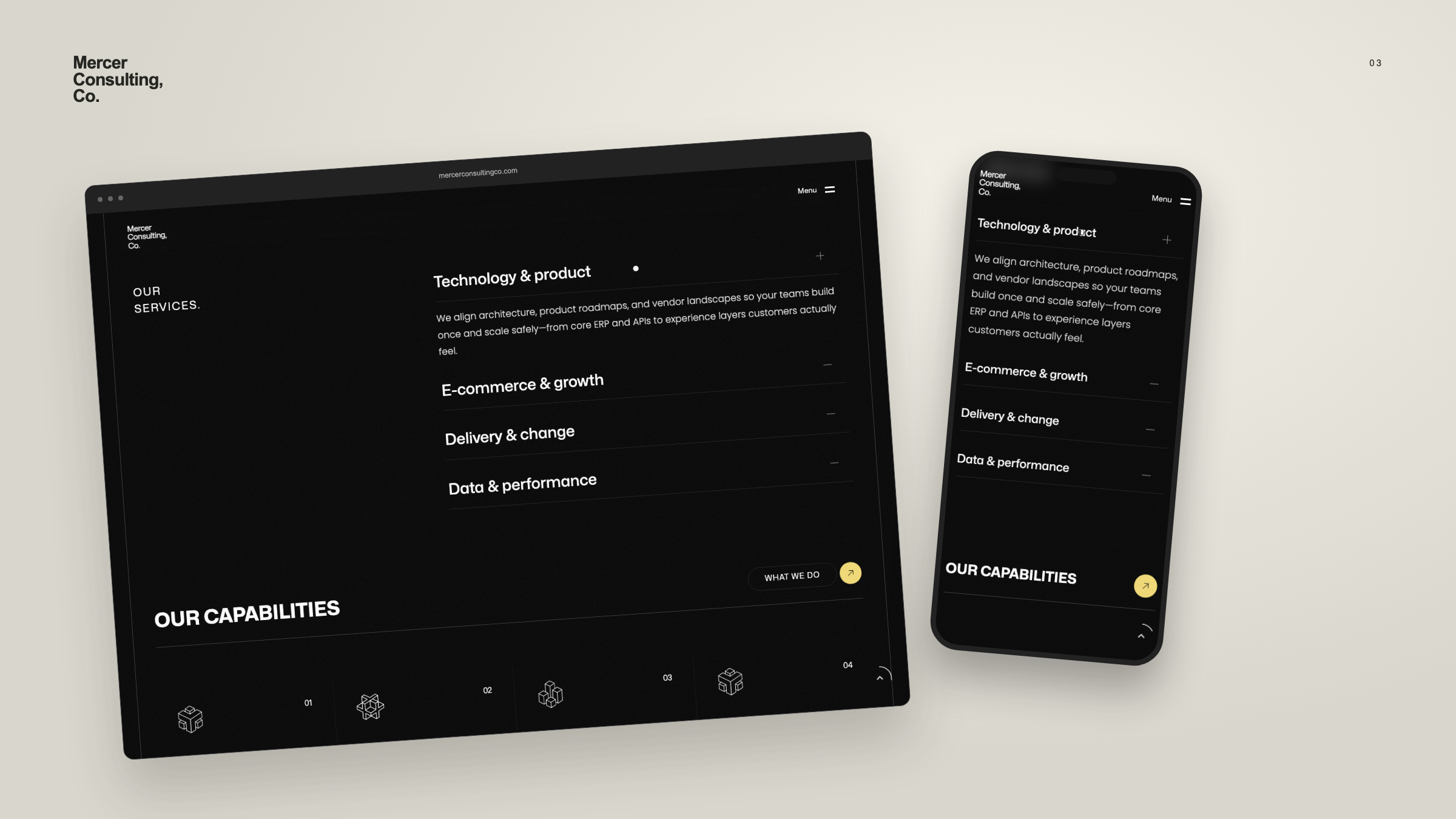 Desktop and mobile views of Mercer Consulting’s company section and expandable service descriptions.