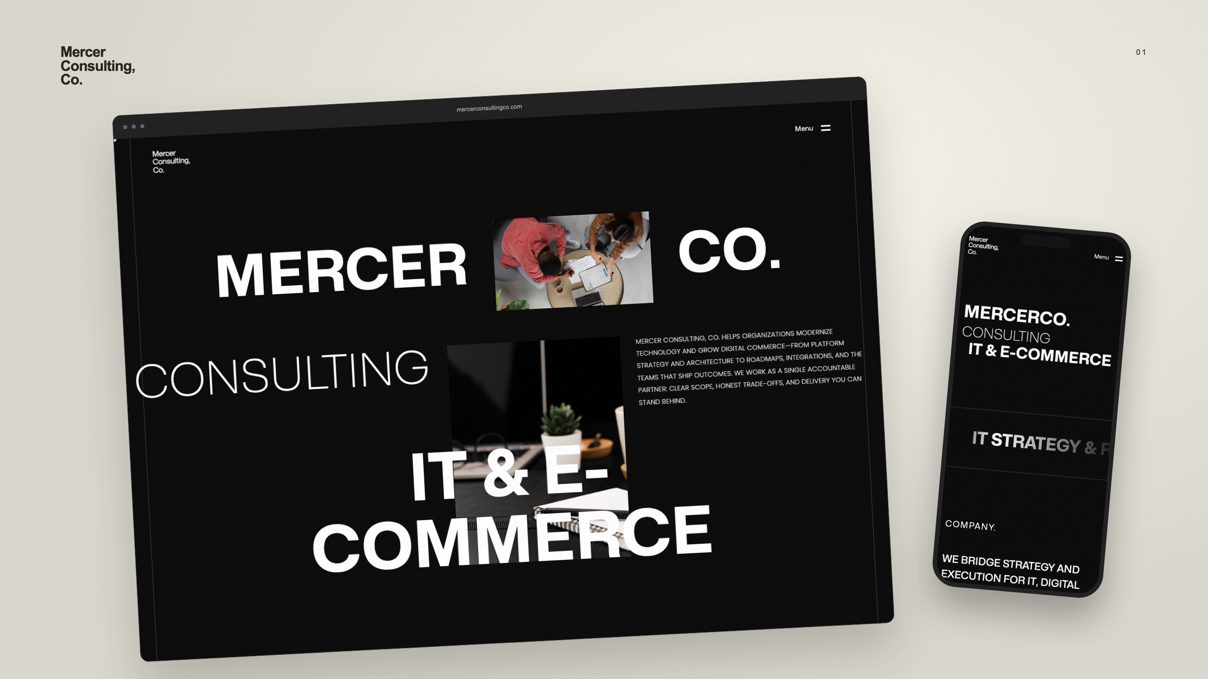 Mercer Consulting’s dark editorial homepage in a desktop browser alongside the mobile website.