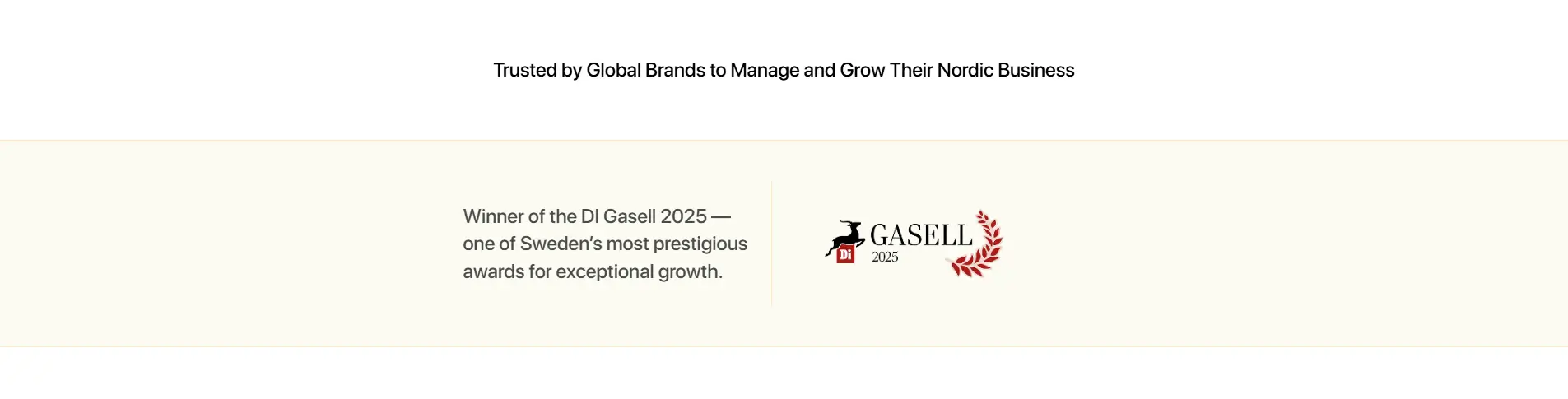 Osa Nordic Acceleration Groupin verkkosivustosta, joka korostaa heidän Di Gasell 2025 -palkintoaan.