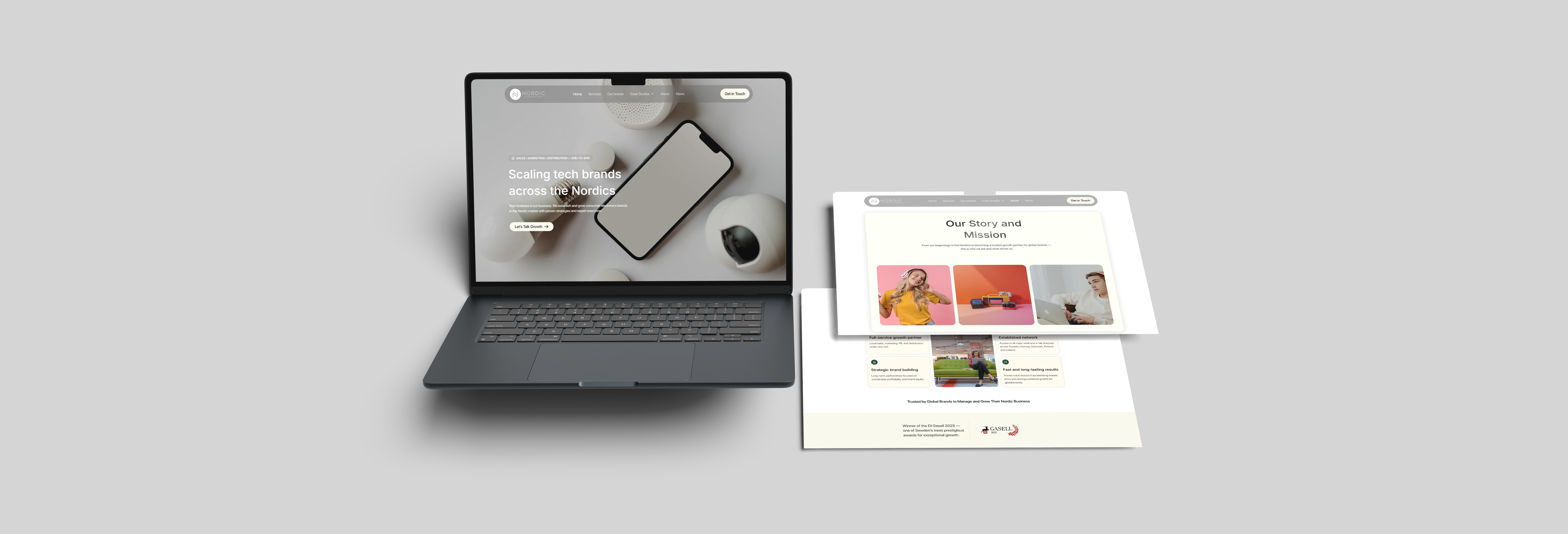 Nordic Acceleration Group's new website showcased on a laptop, highlighting their Di Gasell 2025 recognition.